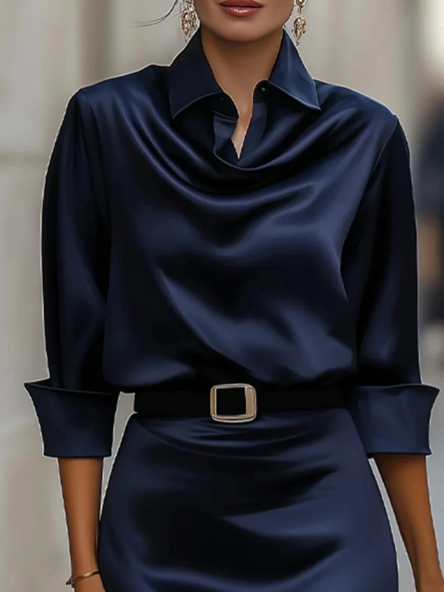 Swing Collar Draped Collar Grace Long Sleeve Belt Midi Dresses - Image 4