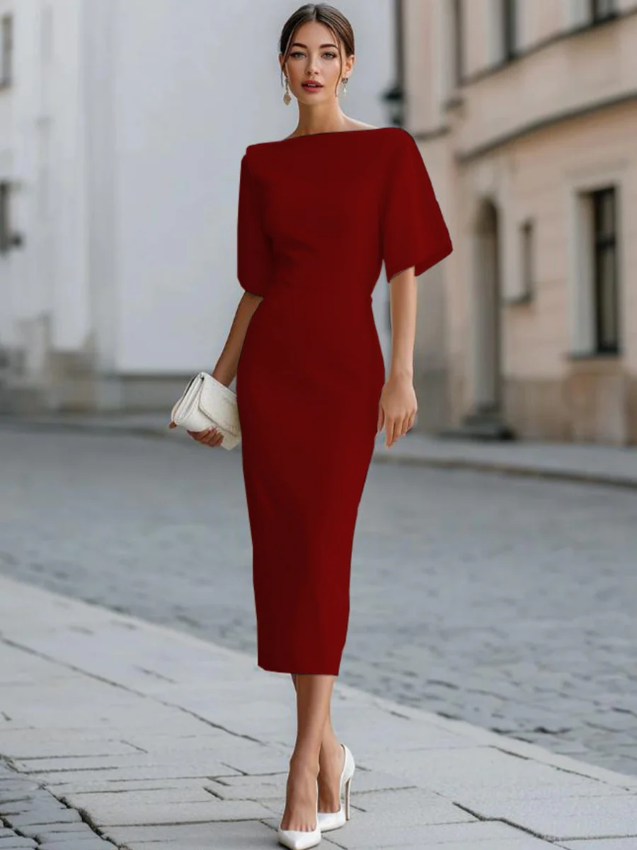 Grace One-shoulder Collar Mid-length Sleeves Slim-fit Midi Dresses - Image 10