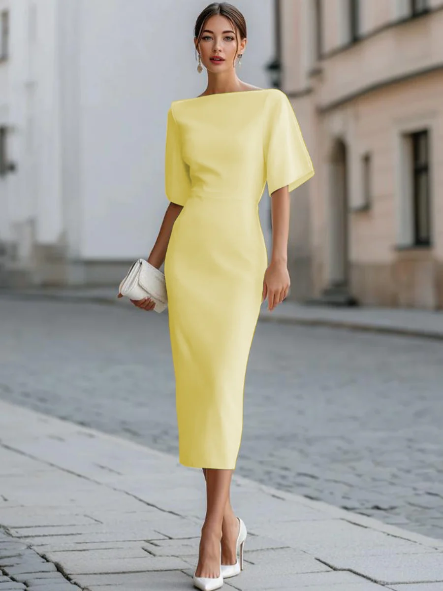 Grace One-shoulder Collar Mid-length Sleeves Slim-fit Midi Dresses - Image 12