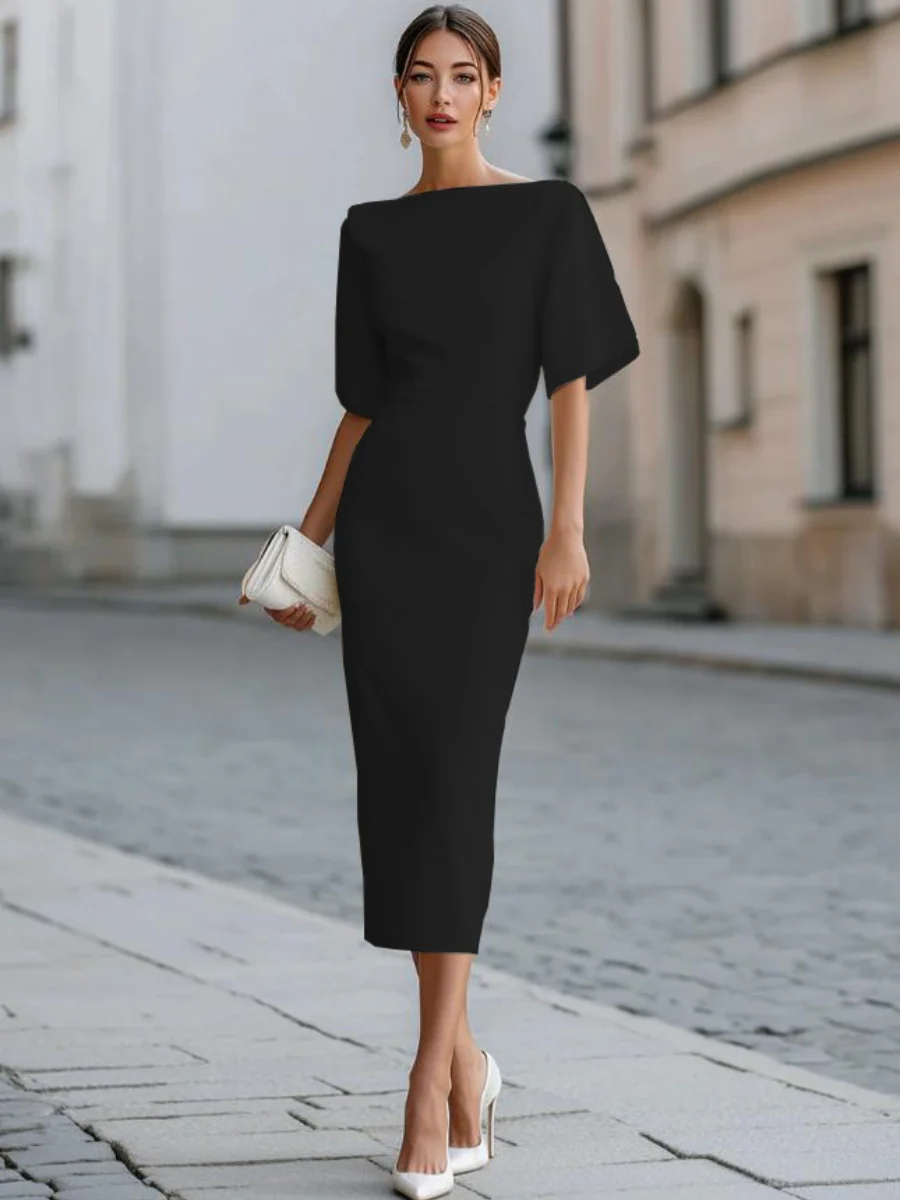 Grace One-shoulder Collar Mid-length Sleeves Slim-fit Midi Dresses - Image 6