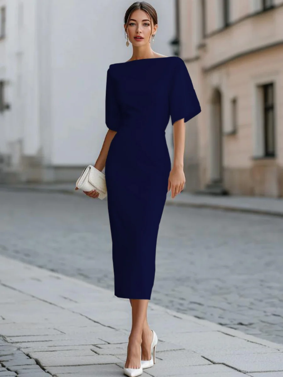 Grace One-shoulder Collar Mid-length Sleeves Slim-fit Midi Dresses - Image 8