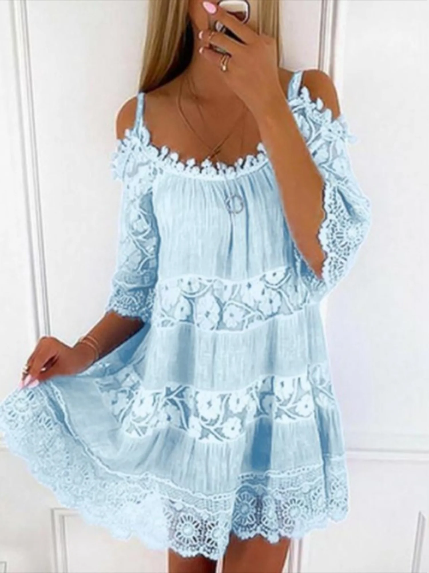 Lace Trim Hollow Out Splicing Spaghetti Strap Off-shoulder Mini&Short Dresses - Image 10