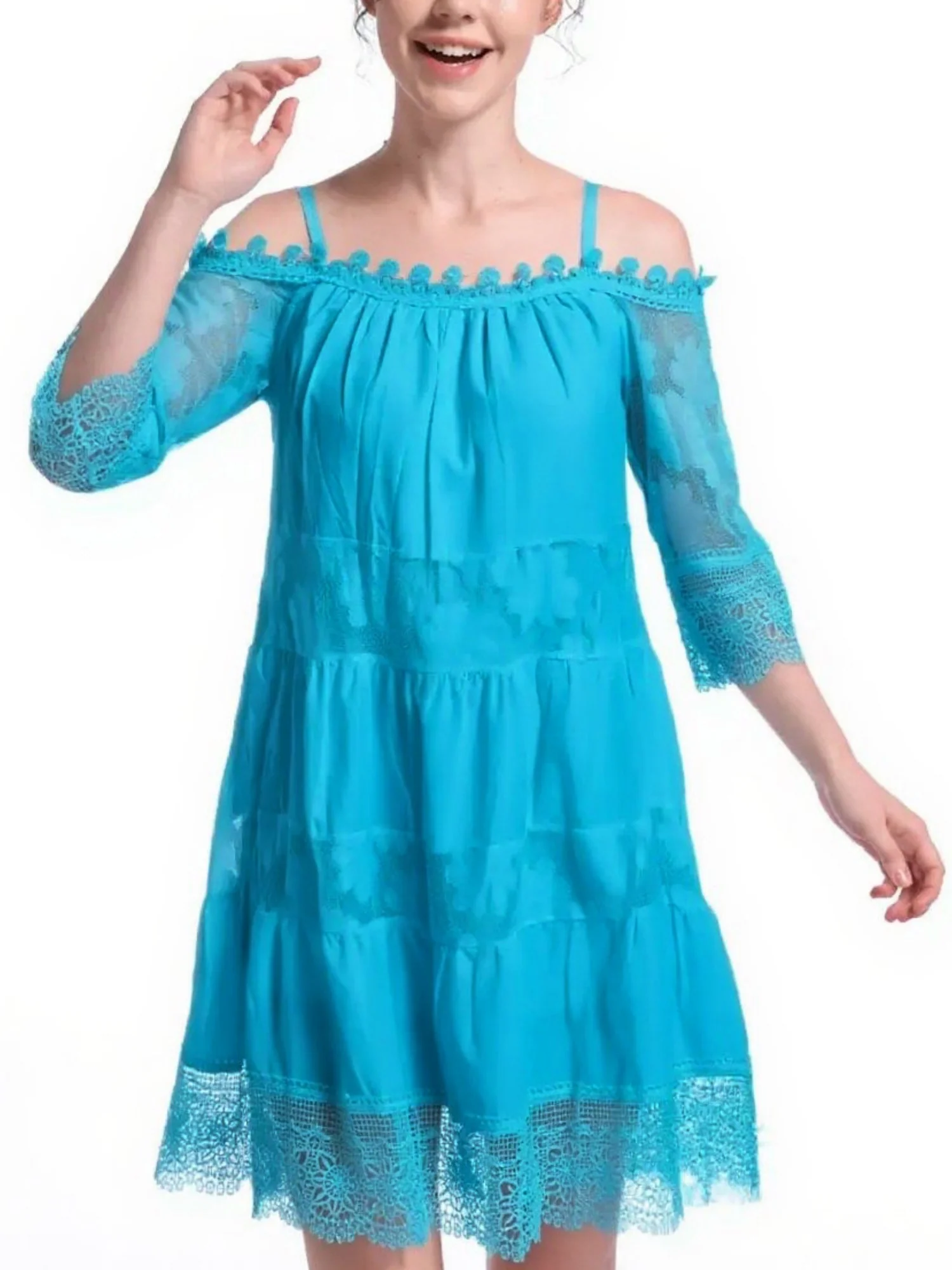 Lace Trim Hollow Out Splicing Spaghetti Strap Off-shoulder Mini&Short Dresses - Image 11