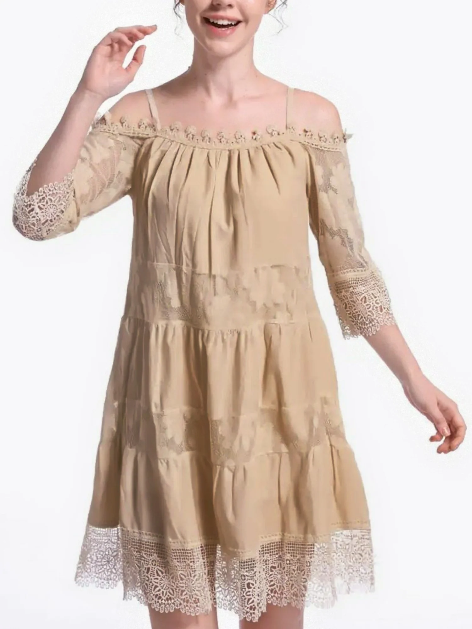 Lace Trim Hollow Out Splicing Spaghetti Strap Off-shoulder Mini&Short Dresses - Image 12