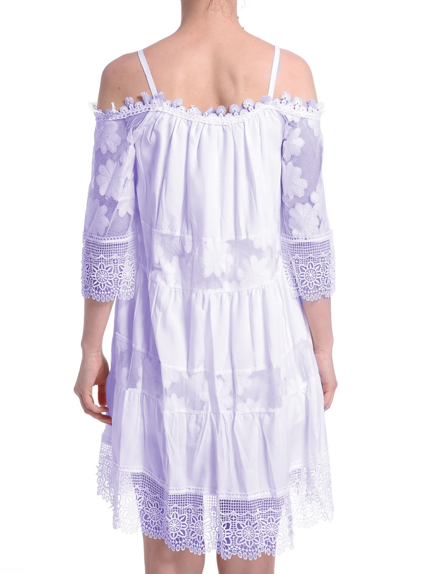 Lace Trim Hollow Out Splicing Spaghetti Strap Off-shoulder Mini&Short Dresses - Image 3