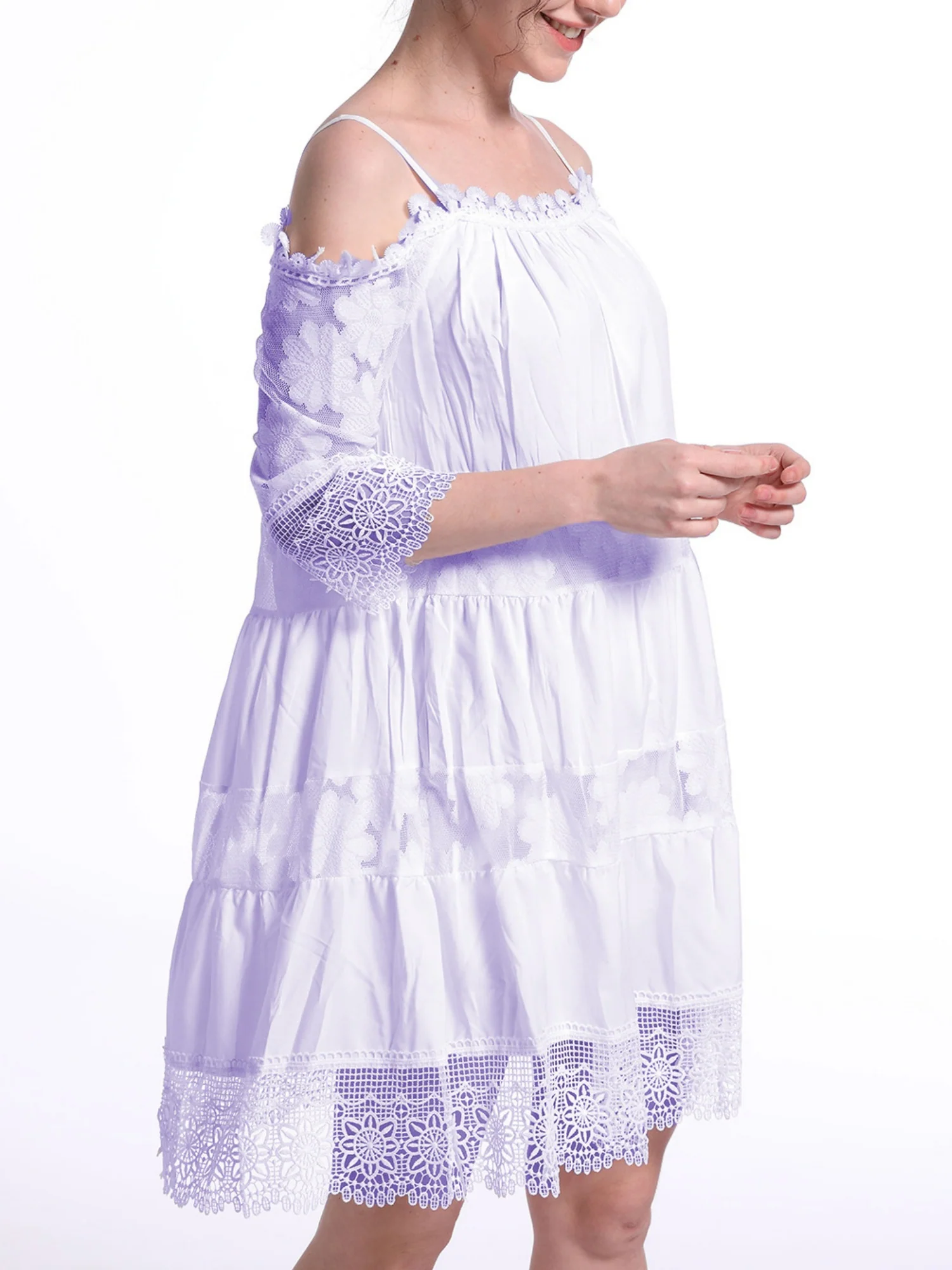 Lace Trim Hollow Out Splicing Spaghetti Strap Off-shoulder Mini&Short Dresses - Image 4