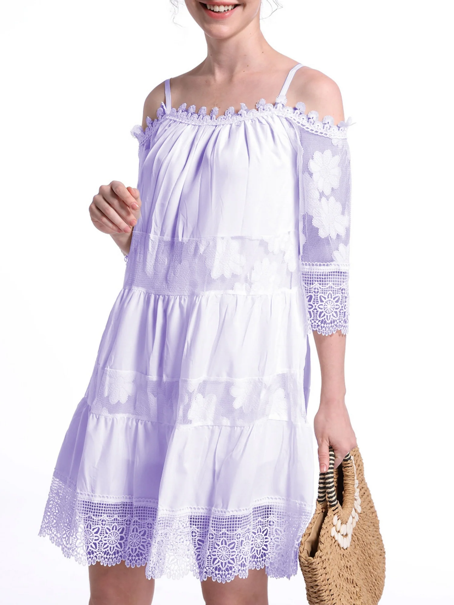 Lace Trim Hollow Out Splicing Spaghetti Strap Off-shoulder Mini&Short Dresses - Image 5