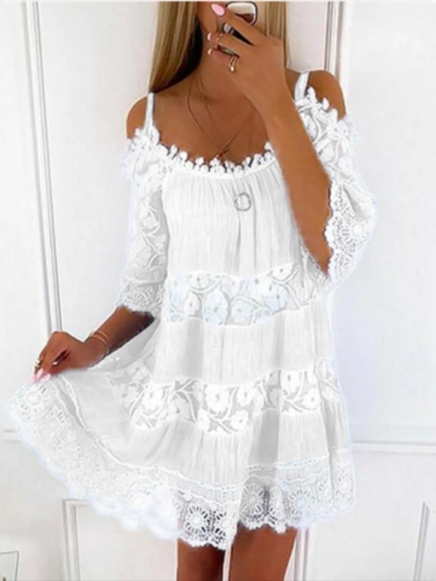 Lace Trim Hollow Out Splicing Spaghetti Strap Off-shoulder Mini&Short Dresses - Image 6