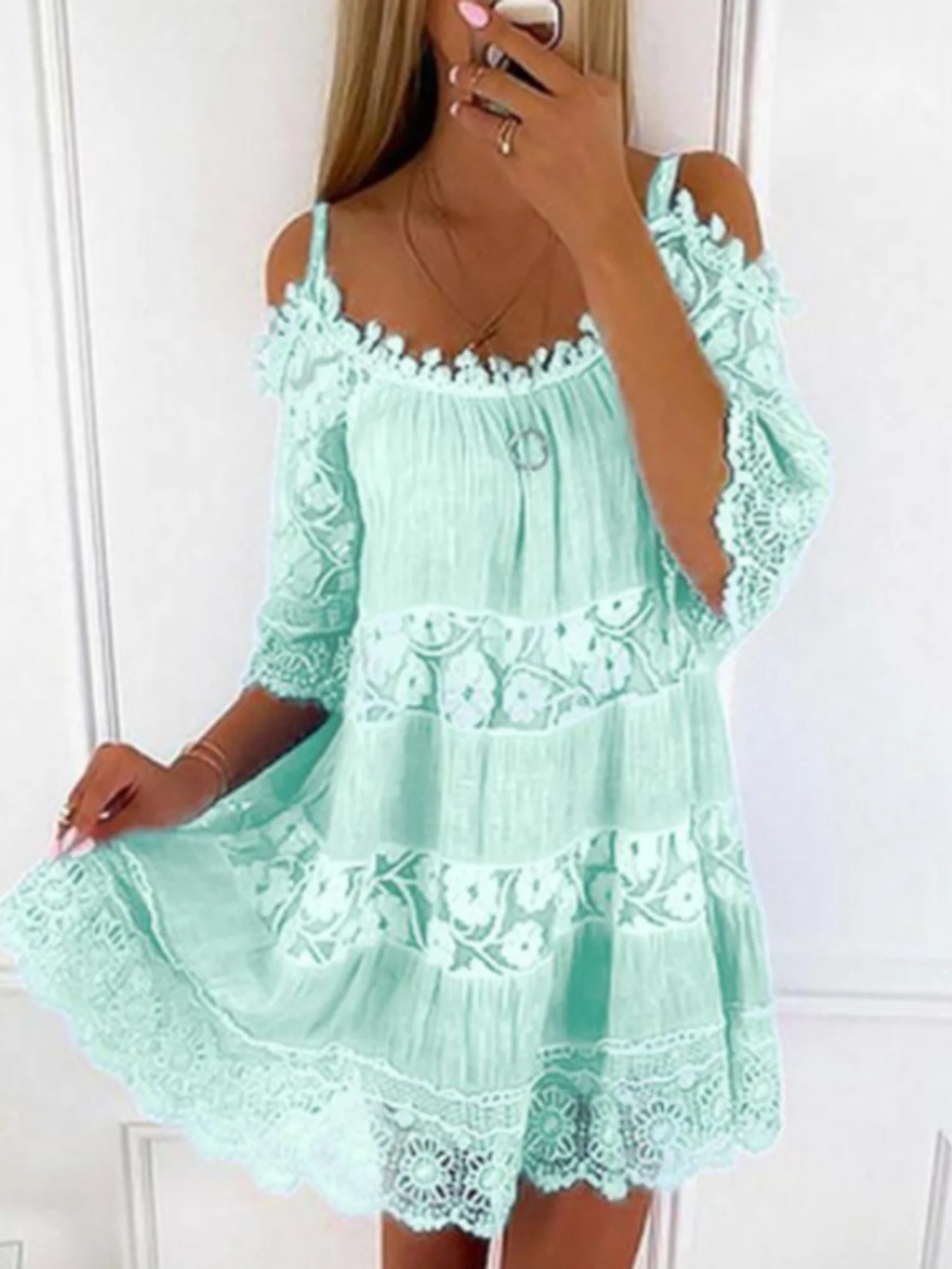 Lace Trim Hollow Out Splicing Spaghetti Strap Off-shoulder Mini&Short Dresses - Image 7