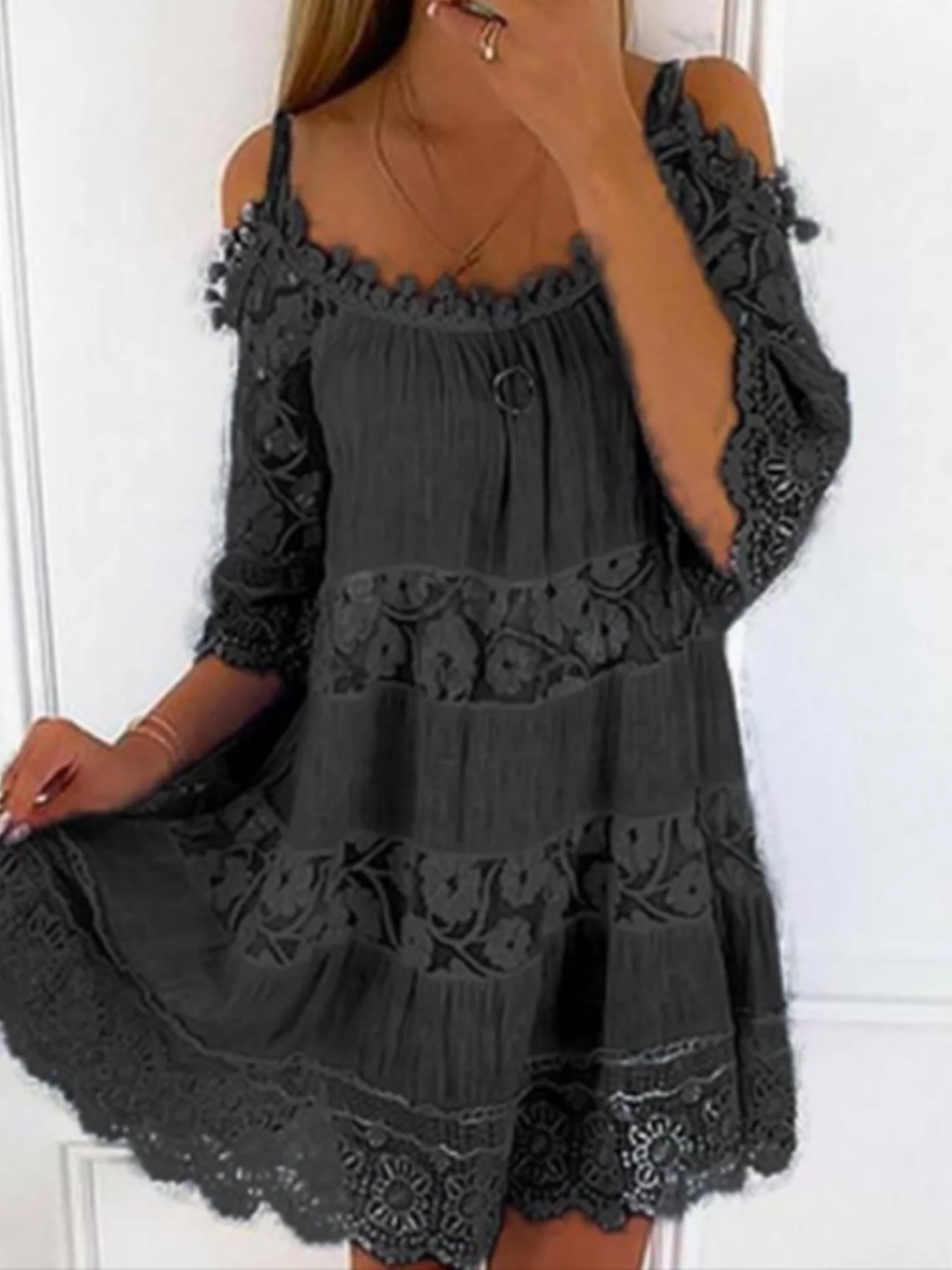 Lace Trim Hollow Out Splicing Spaghetti Strap Off-shoulder Mini&Short Dresses - Image 8