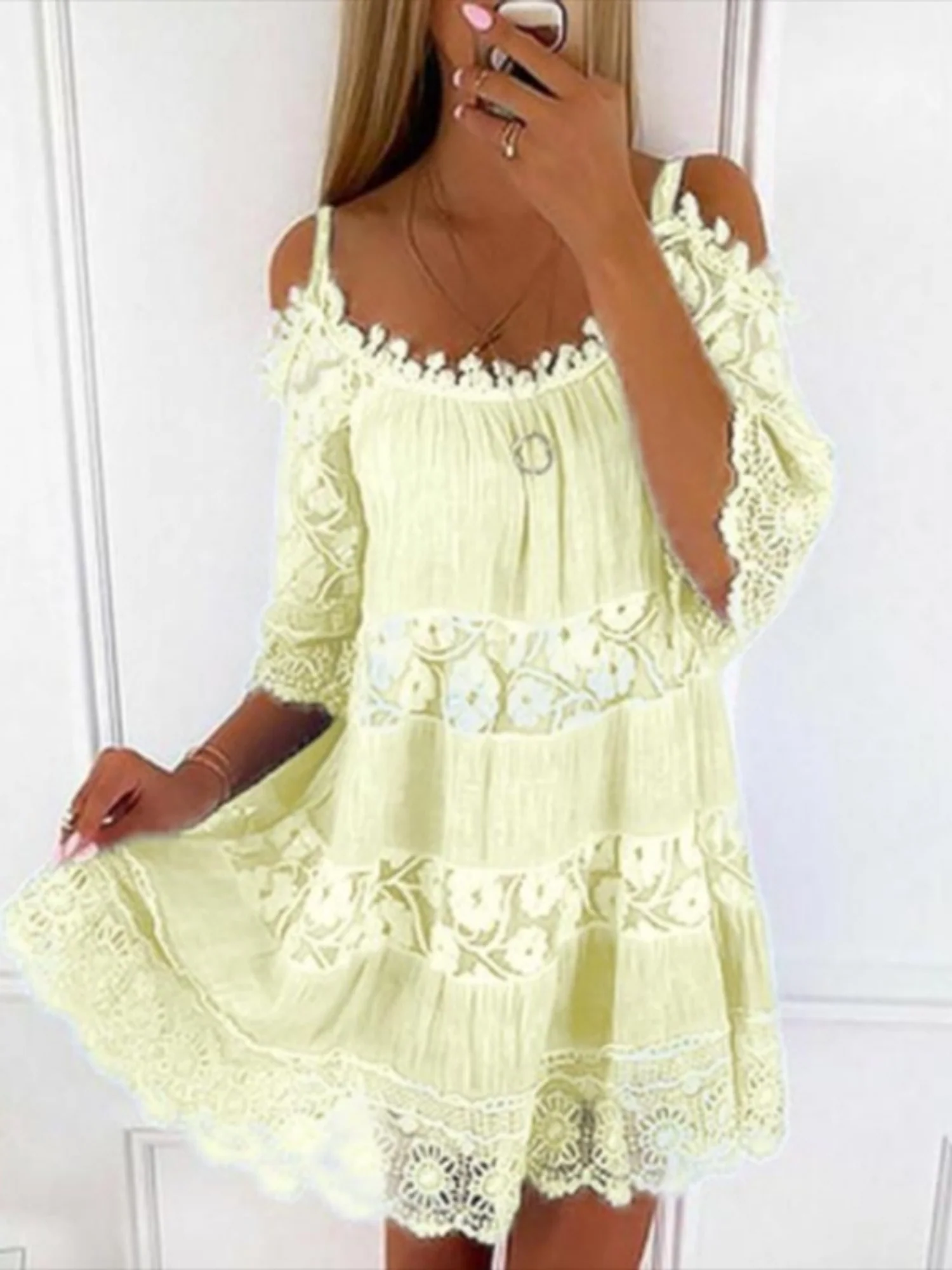 Lace Trim Hollow Out Splicing Spaghetti Strap Off-shoulder Mini&Short Dresses - Image 9