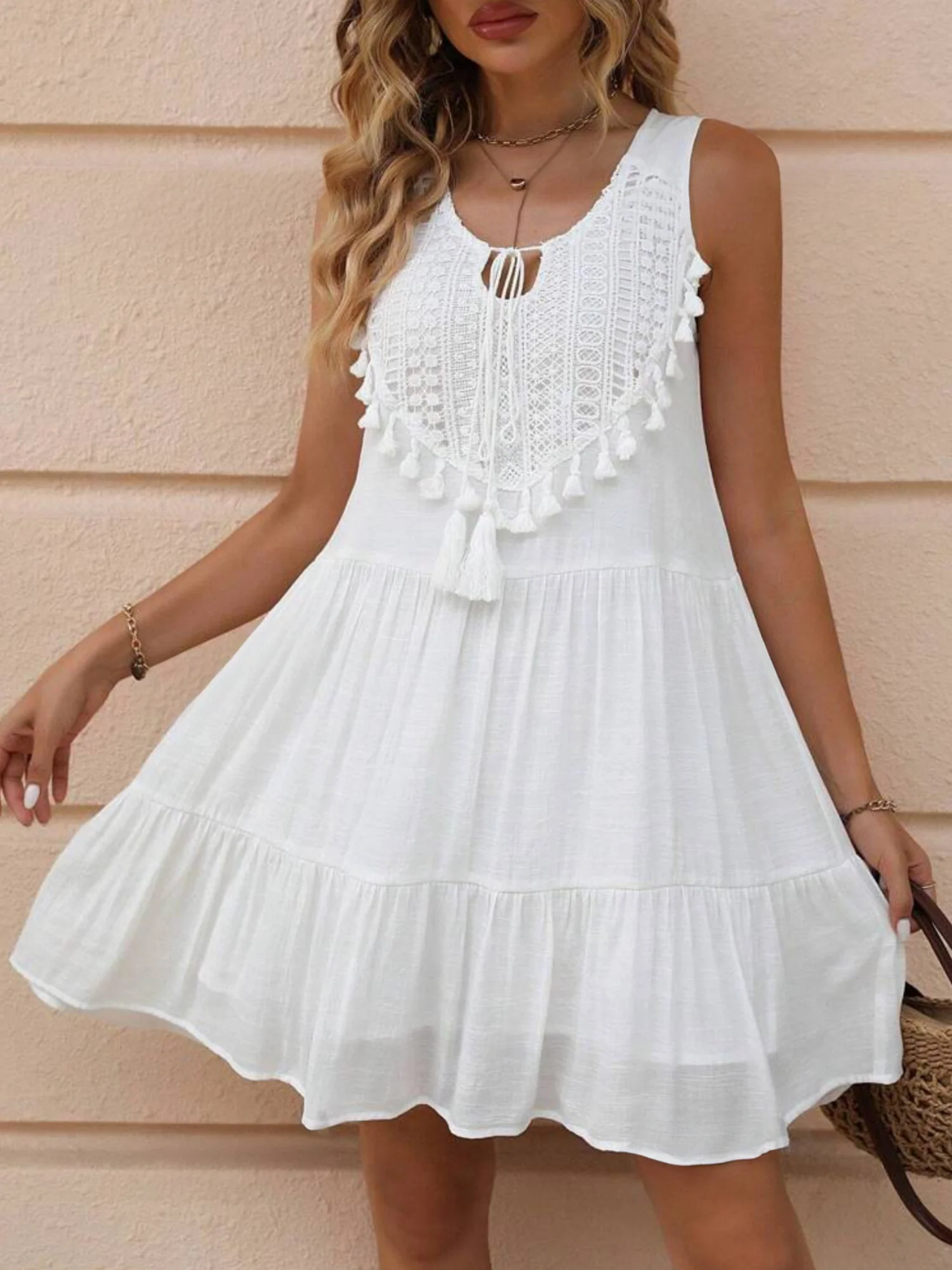 Lace Trim V-neck Sleeveless Tassel Tie Mini&Short Dresses - Image 3