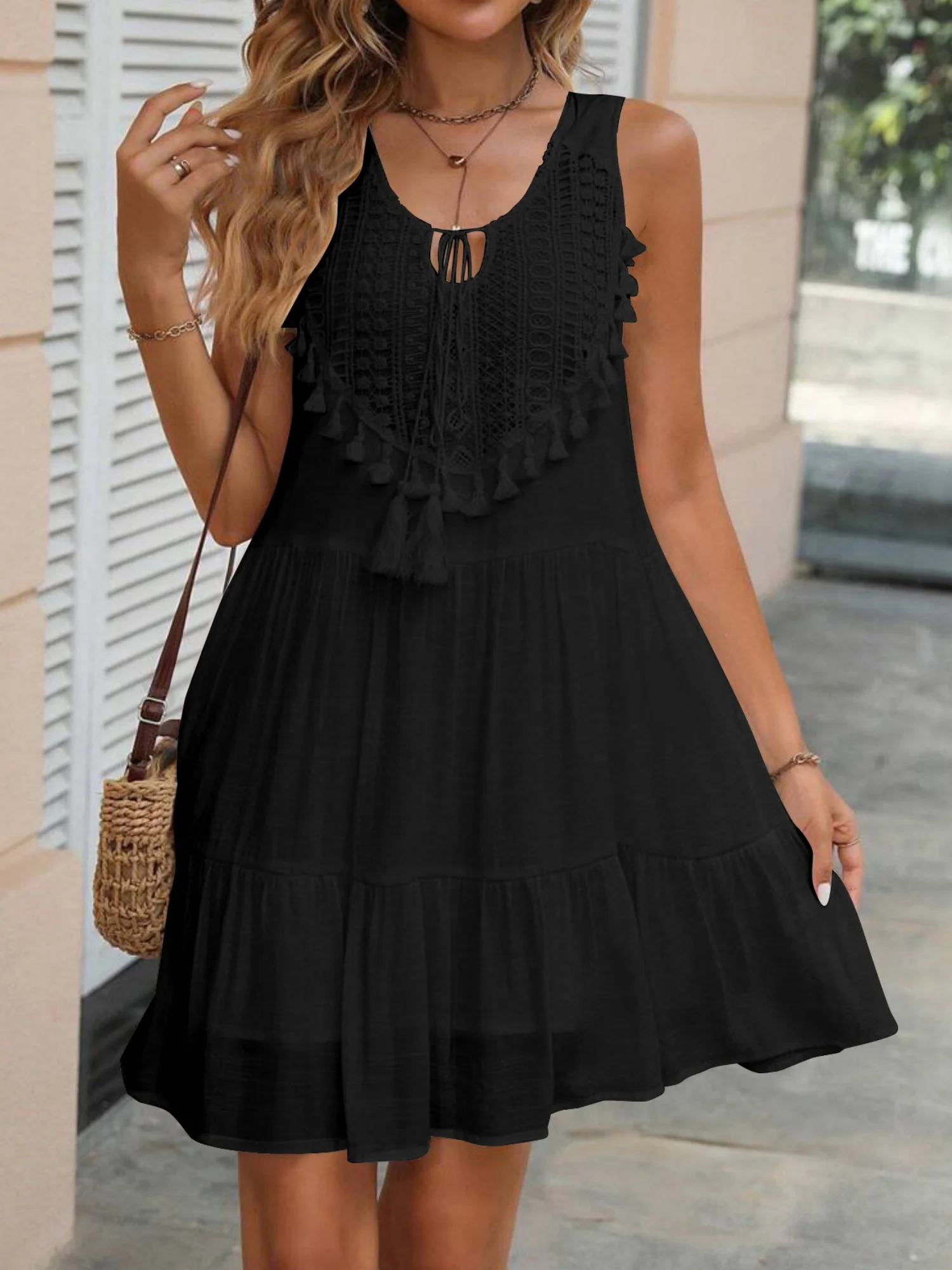 Lace Trim V-neck Sleeveless Tassel Tie Mini&Short Dresses - Image 5