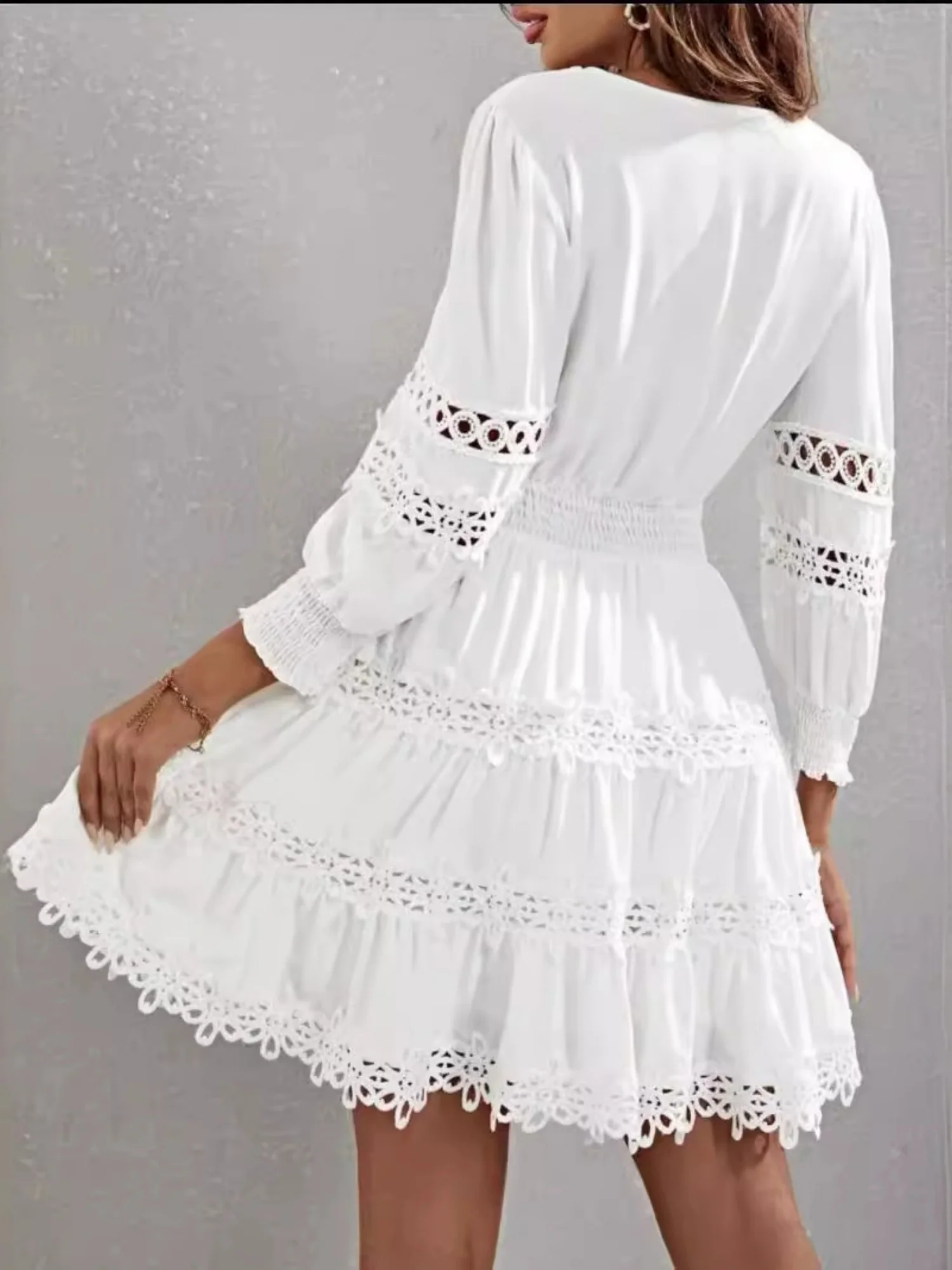 Lace Trim Hollow Out V-neck Long Sleeve Mini&Short Dresses - Image 2