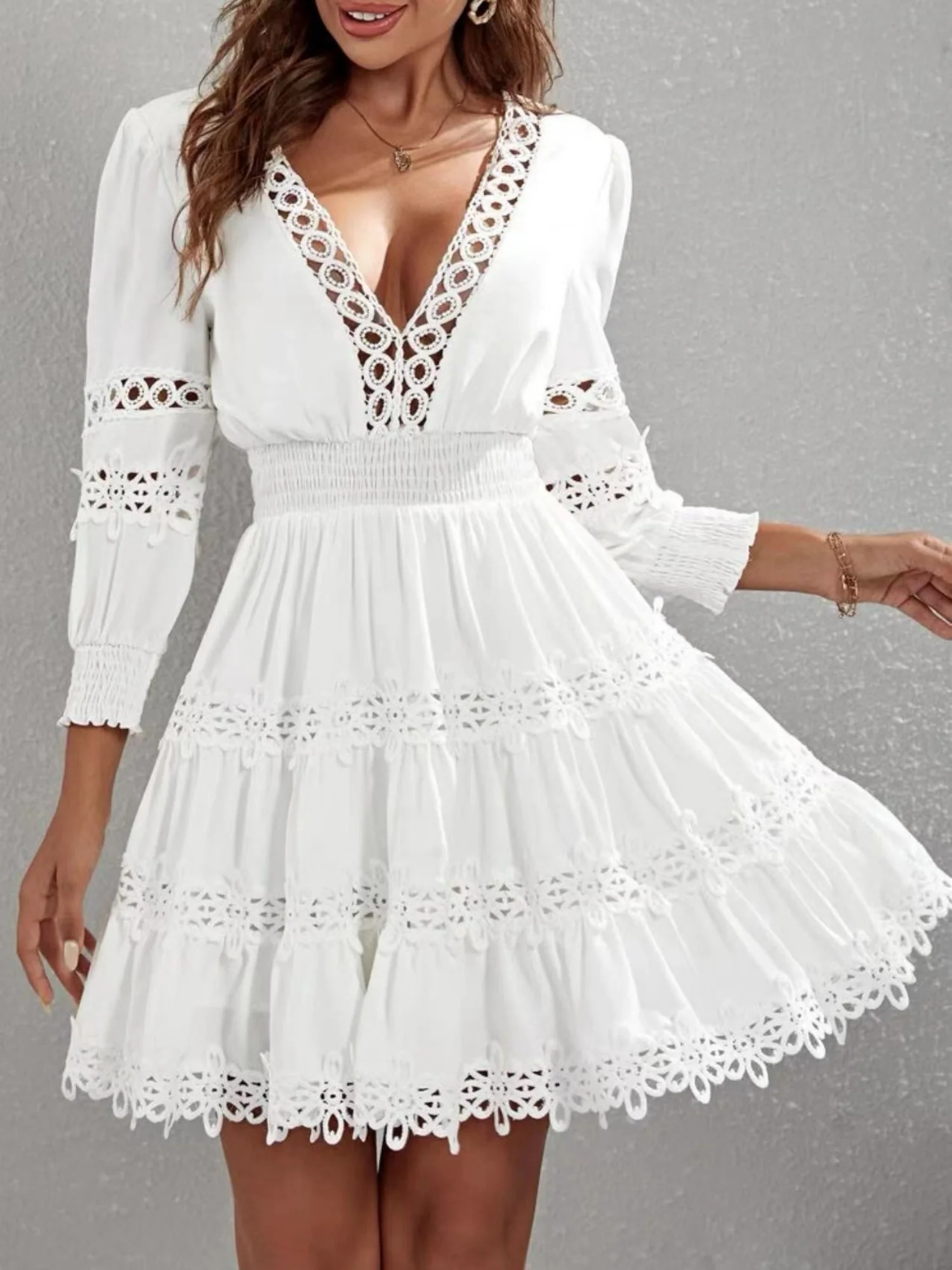 Lace Trim Hollow Out V-neck Long Sleeve Mini&Short Dresses - Image 5