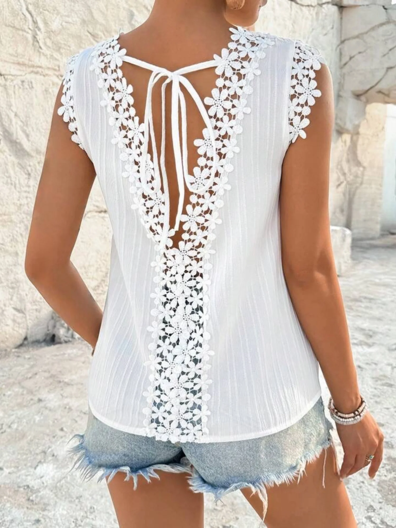 Lace And Openwork Strappy Backless Round Neck Sleeveless Tank Tops