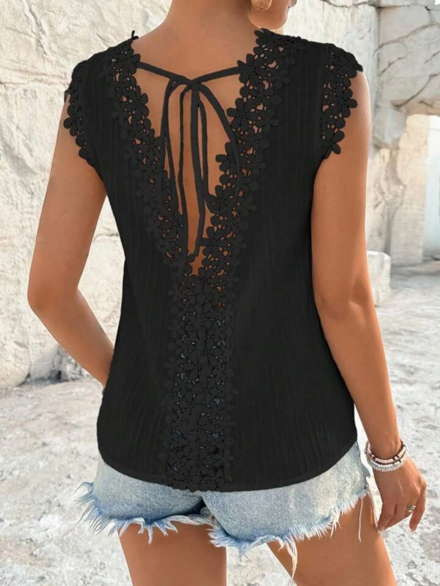 Lace And Openwork Strappy Backless Round Neck Sleeveless Tank Tops - Image 5