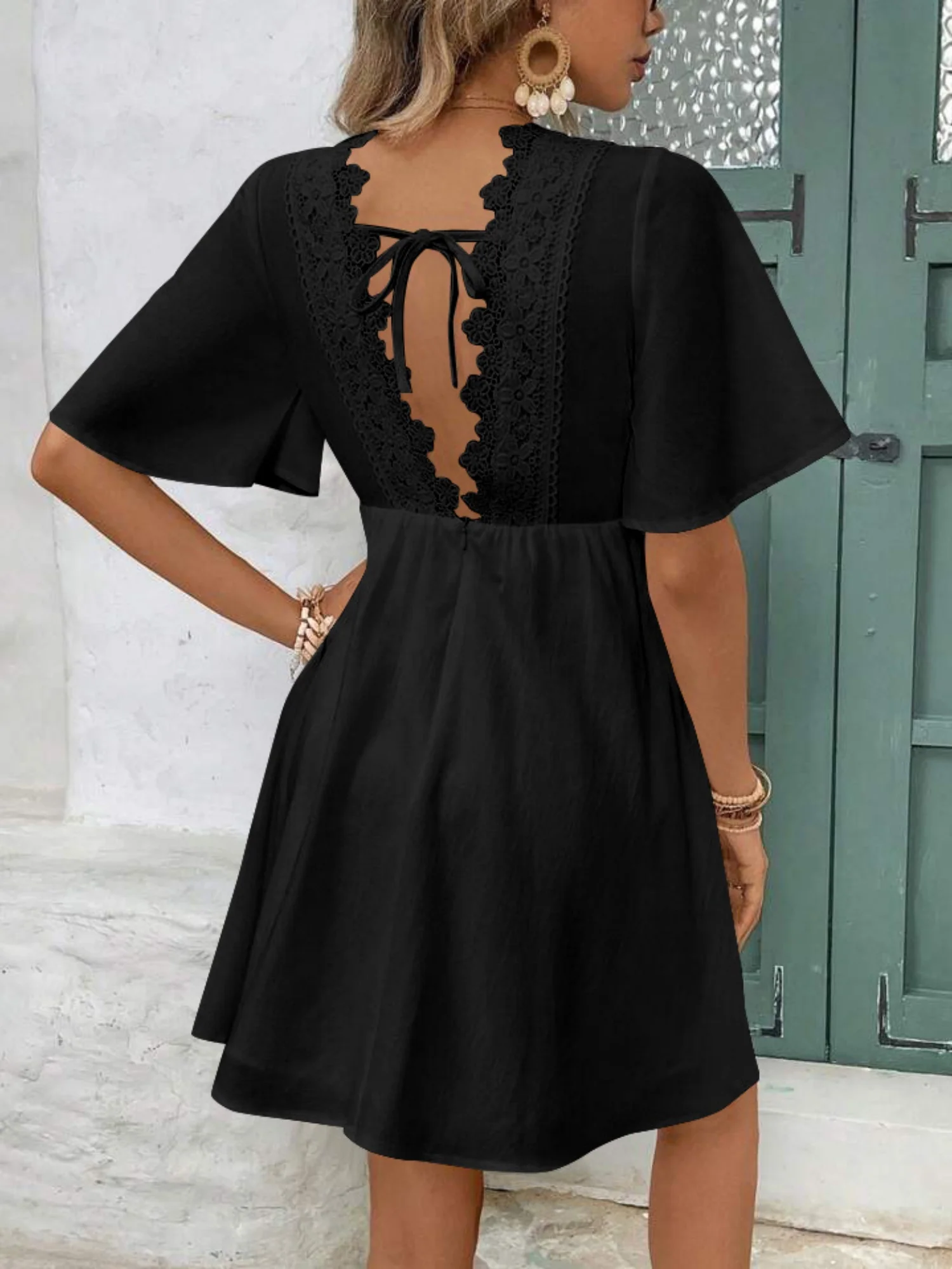 Lace Trim Hollow Out V-neck Short Sleeve Mini&Short Dresses - Image 6