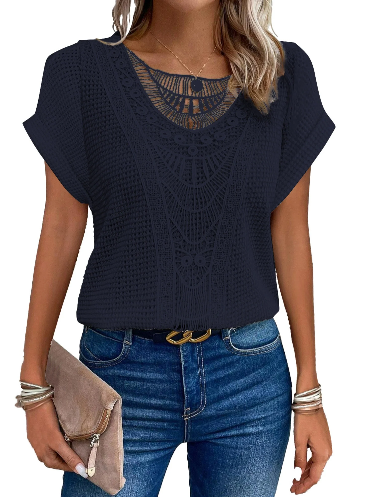 Openwork Lace Crew Neck Patchwork Cropped T-shirt - Image 3