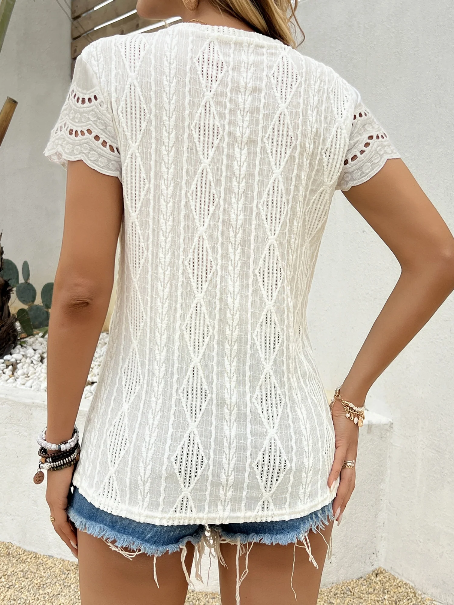Jacquard Hollow Out Crew Neck Short Sleeve T-shirts - Image 2