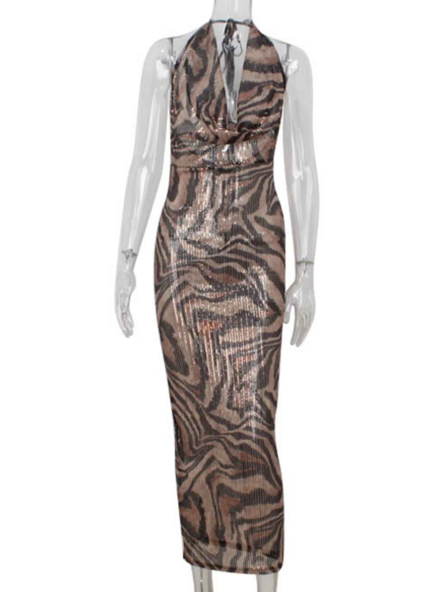 Leopard Print Sequins Deep V-neck Halter Neck And Backless Maxi Dresses - Image 3