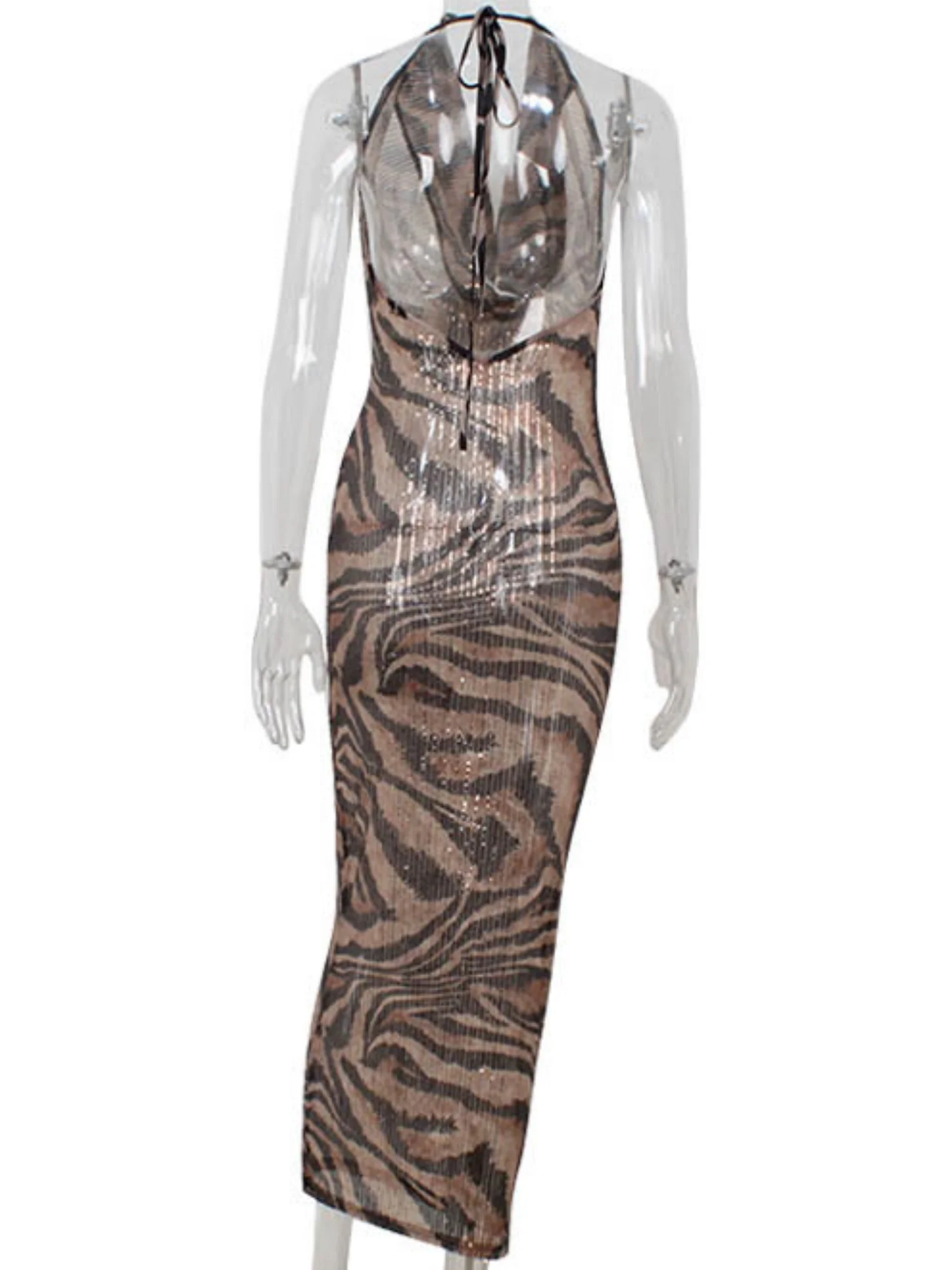 Leopard Print Sequins Deep V-neck Halter Neck And Backless Maxi Dresses - Image 4