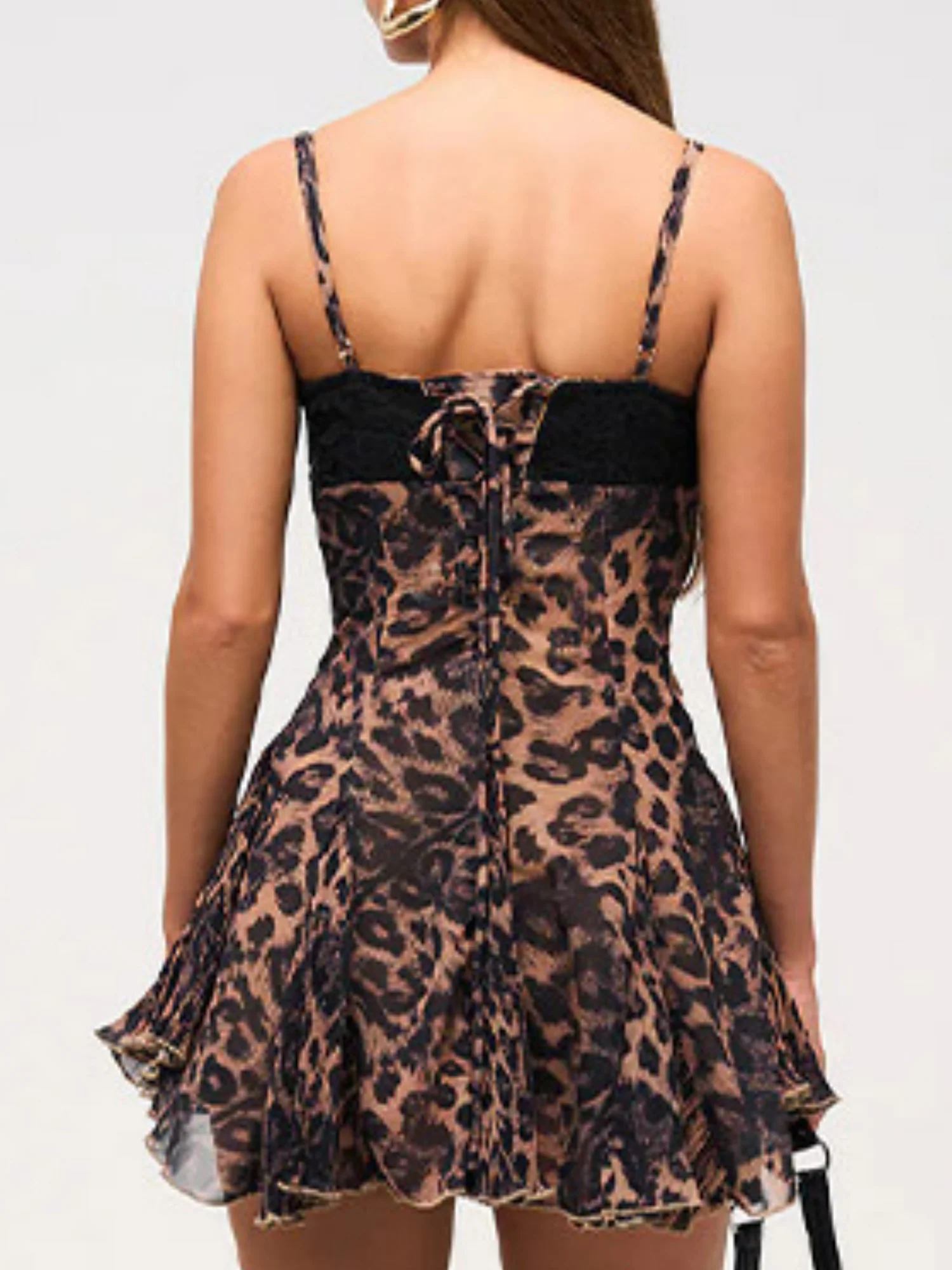 Leopard Print Lace Patchwork High-waisted A-line Skirt Mini&Short Dresses - Image 2