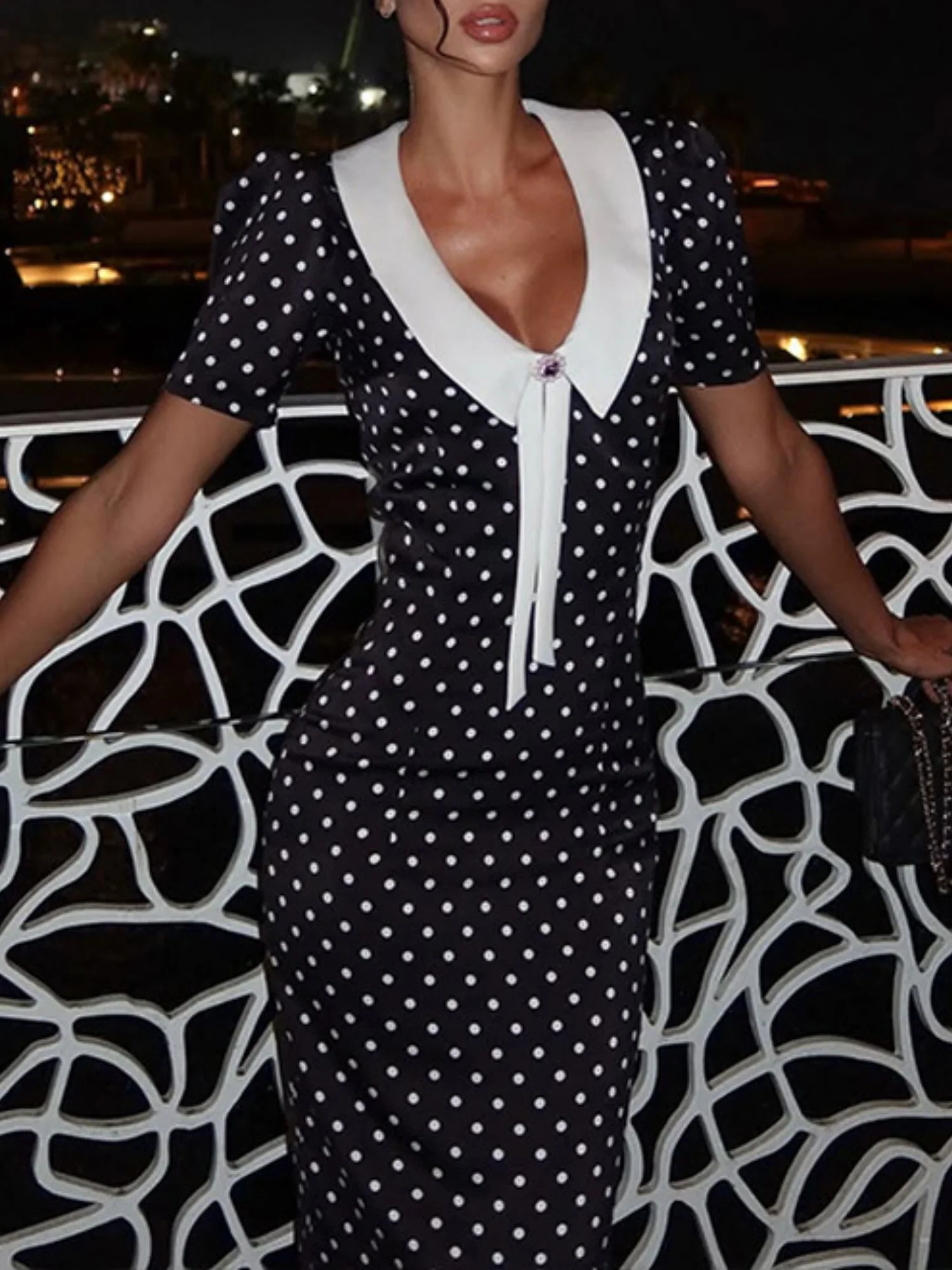 Polka Dots Color-blocked Puff Sleeve Bodycon Slimming Maxi Dresses