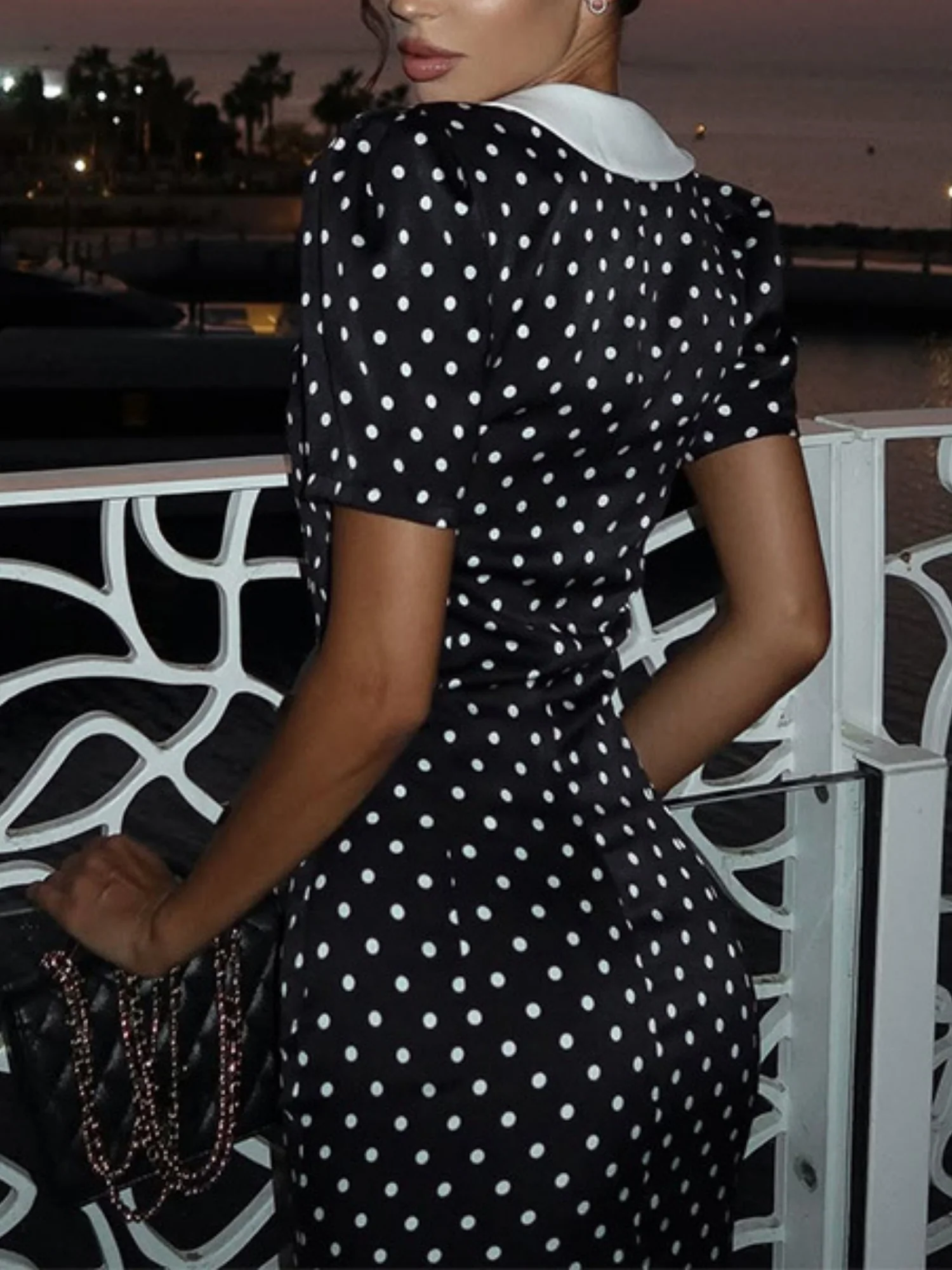 Polka Dots Color-blocked Puff Sleeve Bodycon Slimming Maxi Dresses - Image 2