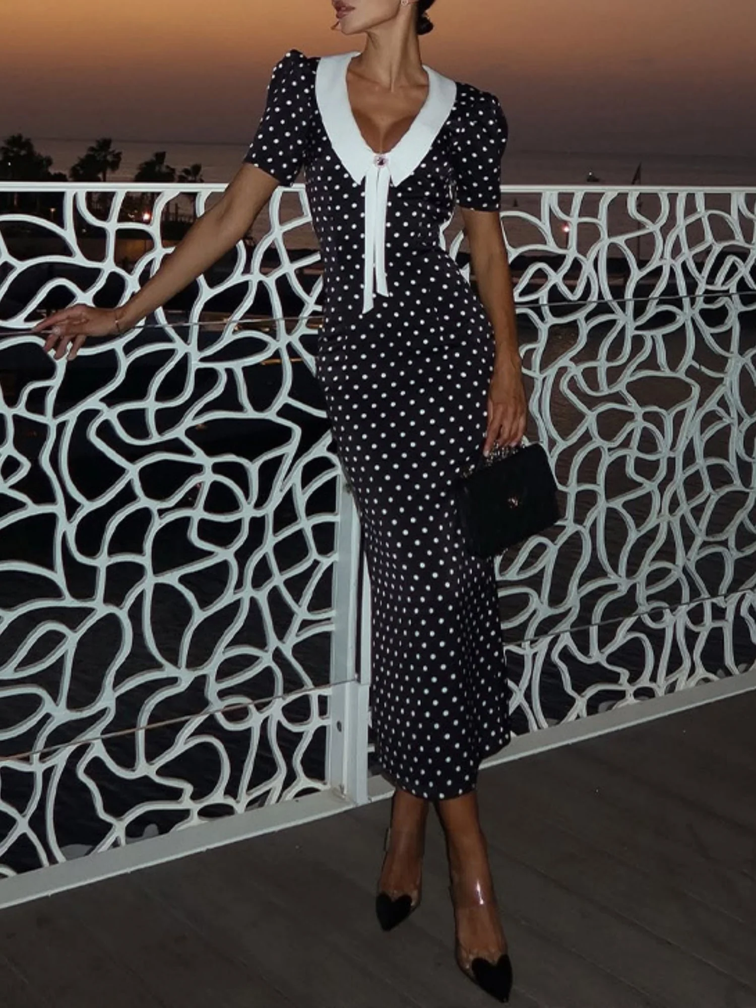 Polka Dots Color-blocked Puff Sleeve Bodycon Slimming Maxi Dresses - Image 3