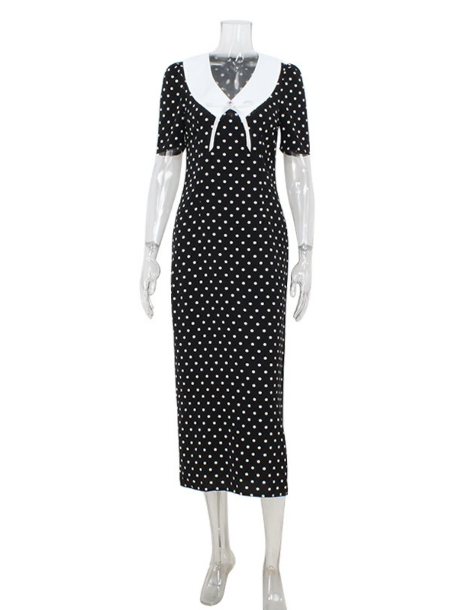 Polka Dots Color-blocked Puff Sleeve Bodycon Slimming Maxi Dresses - Image 8