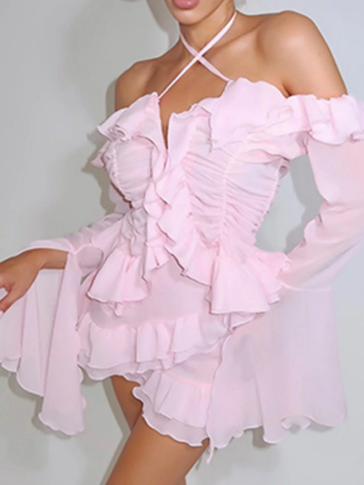 Ruffle Neck Strap Off-shoulder Long-sleeved Top And Skirt Sweet 2-piece Sets - Image 3