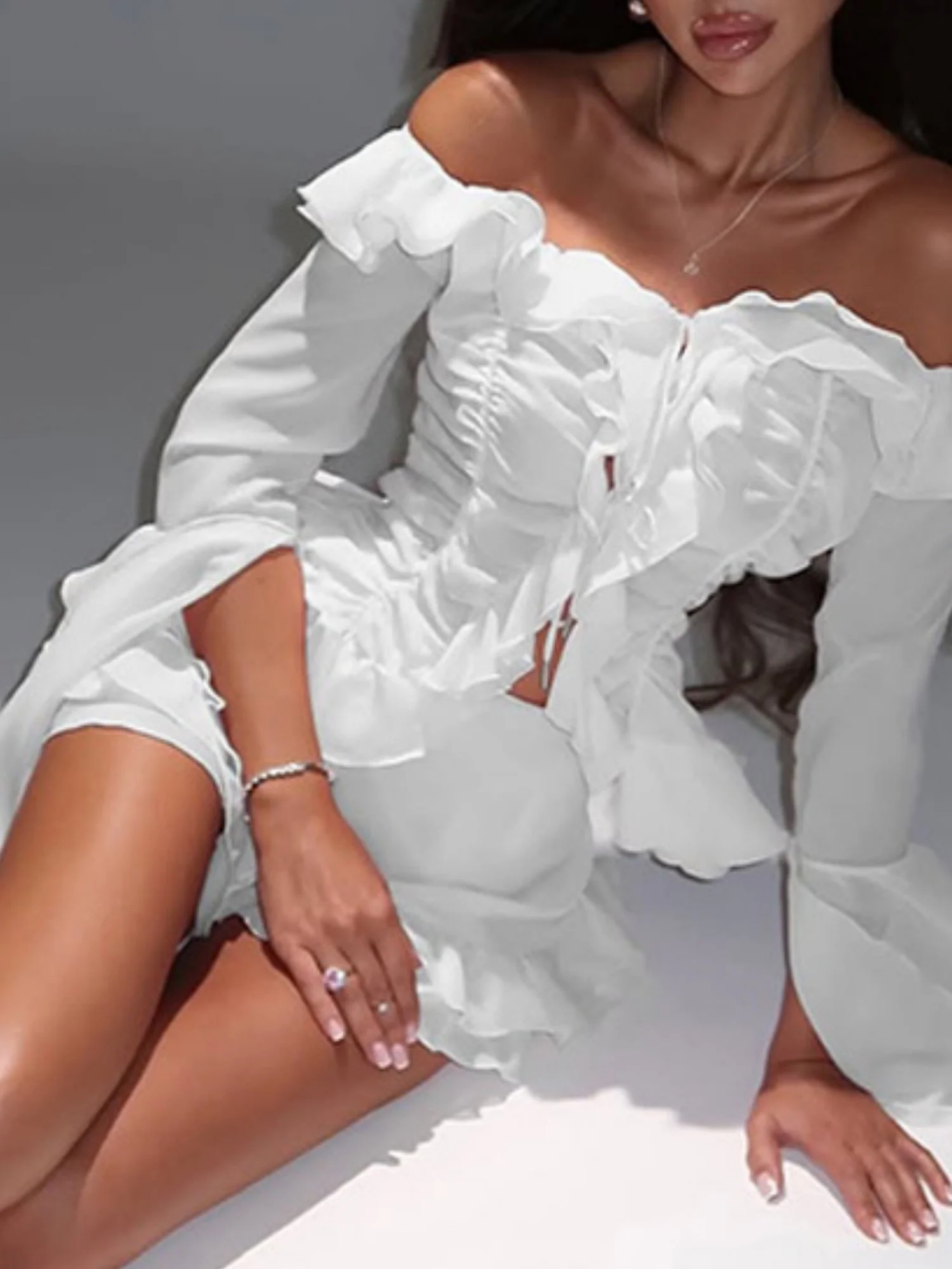 Ruffle Neck Strap Off-shoulder Long-sleeved Top And Skirt Sweet 2-piece Sets - Image 8
