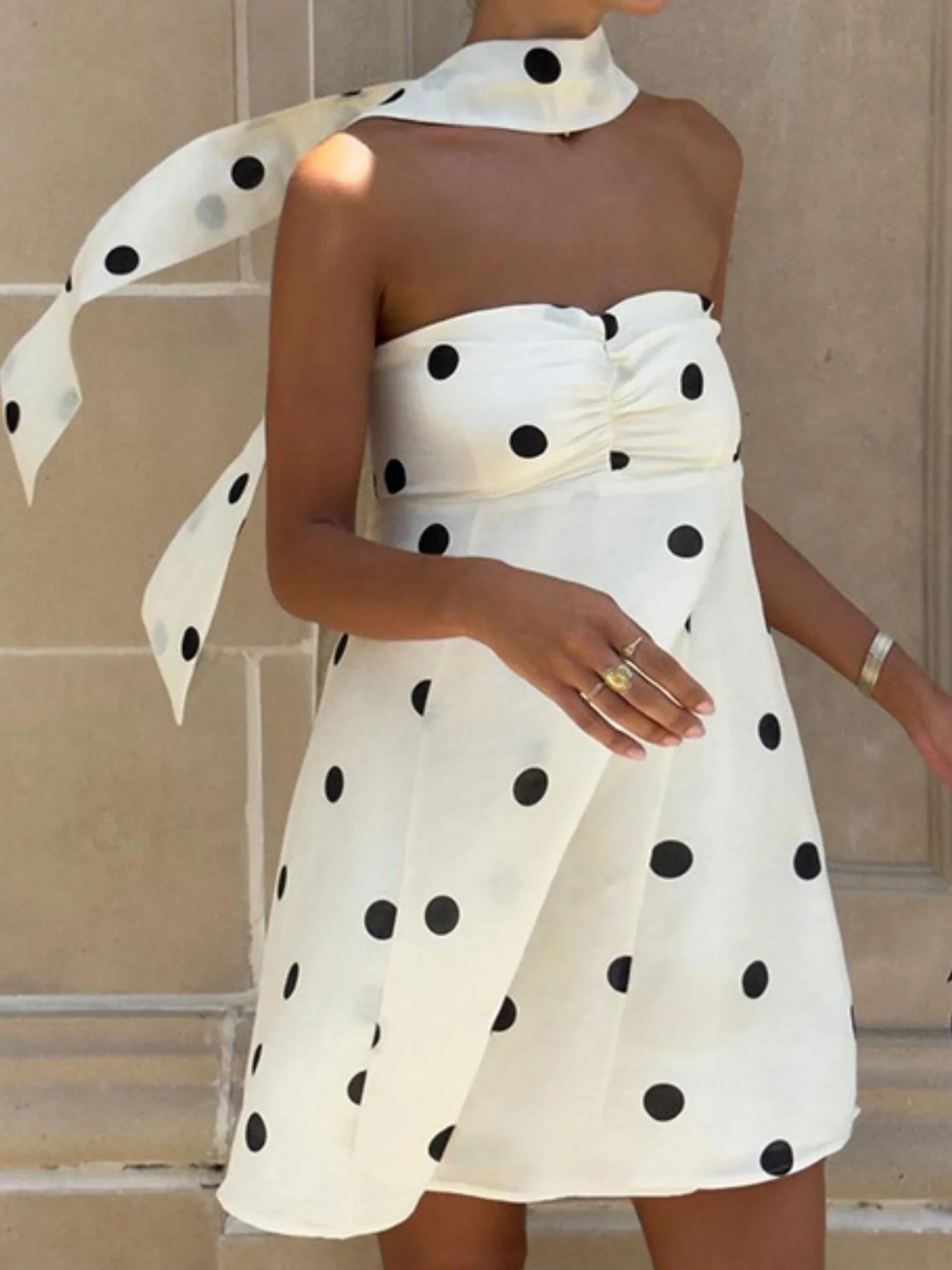Polka Dots Wear A Scarf Strapless Mini&Short Dresses