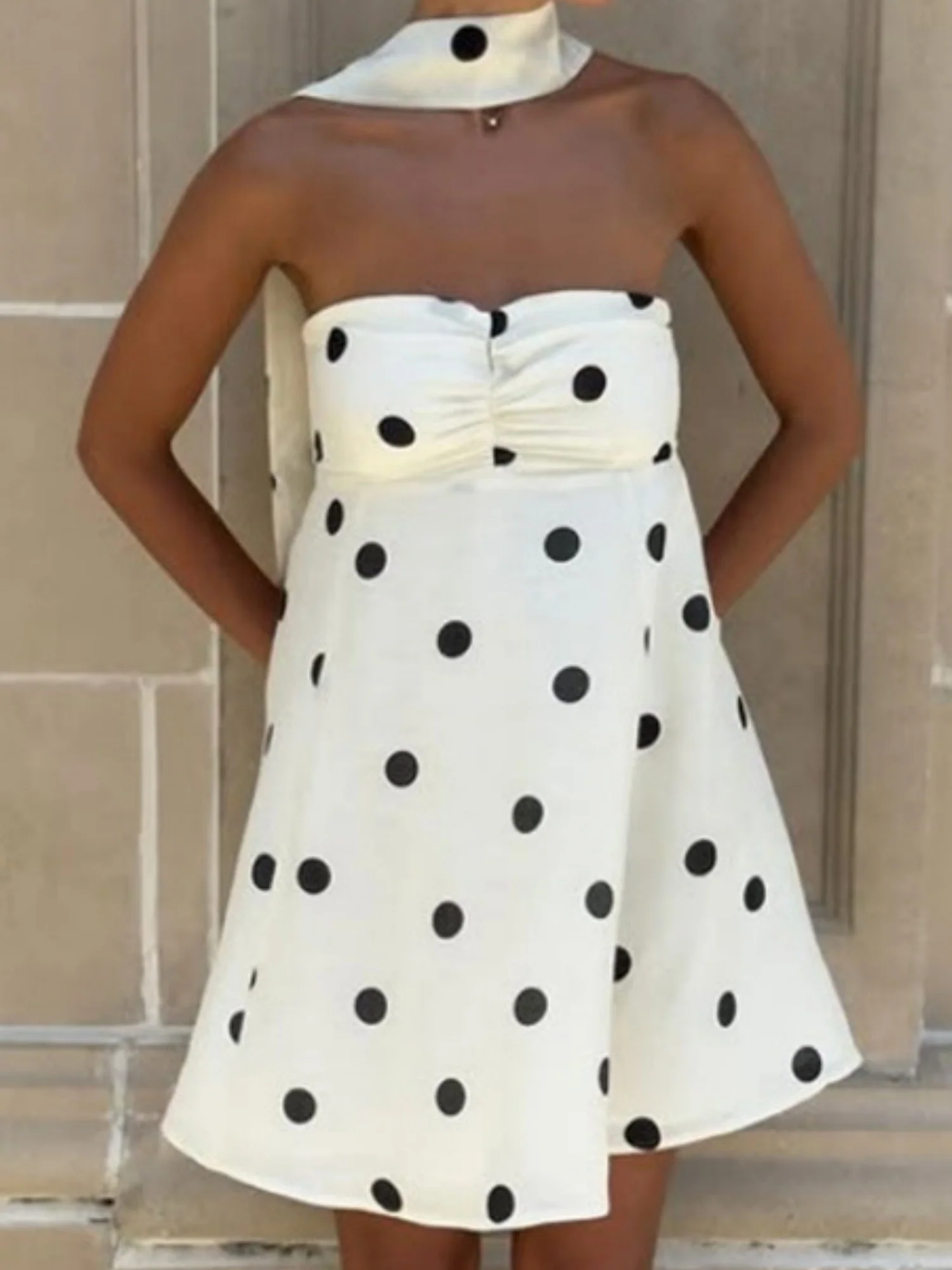 Polka Dots Wear A Scarf Strapless Mini&Short Dresses - Image 3