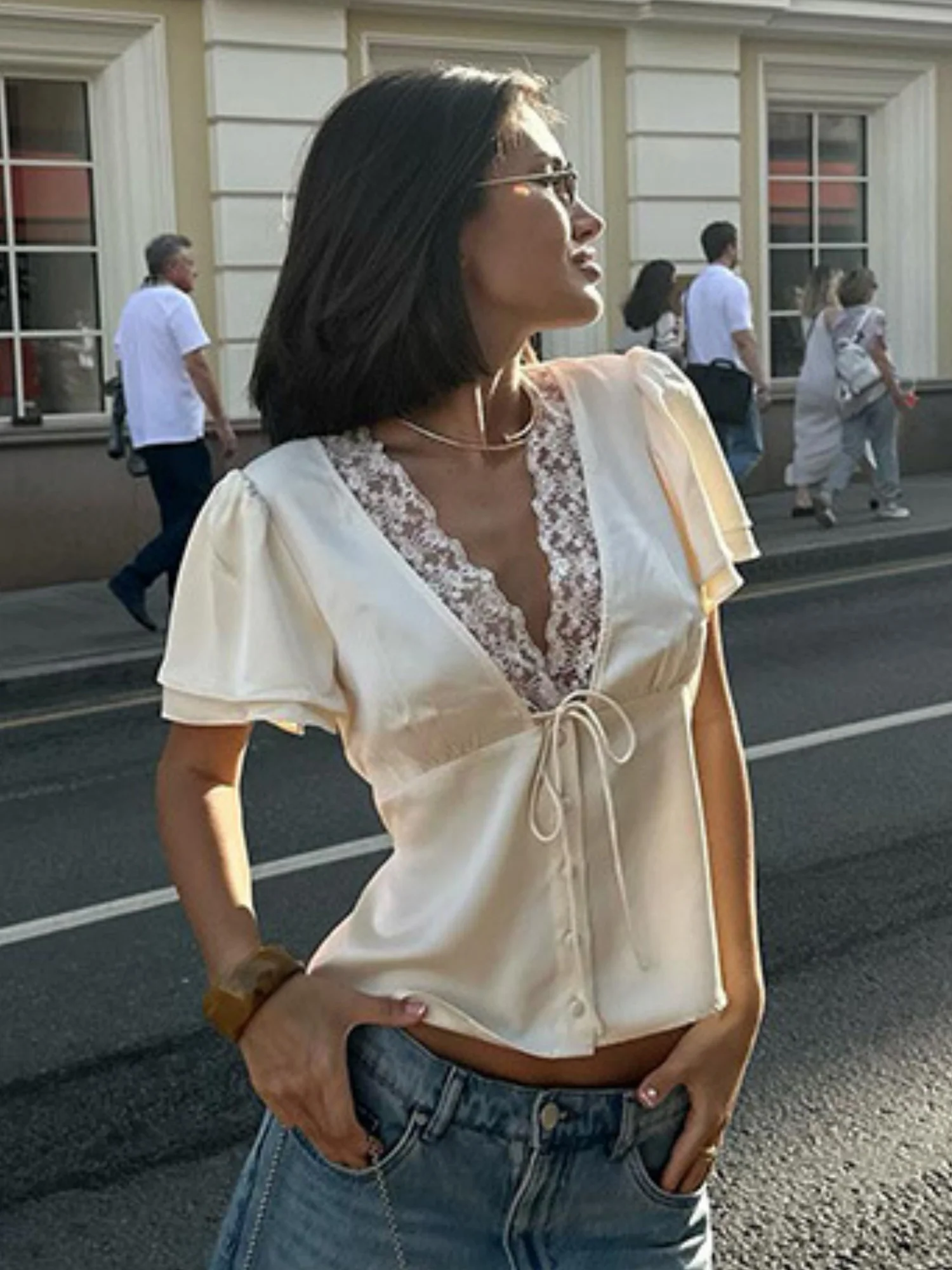 Lace Trim Straps V-neck Short-sleeved T-shirt - Image 2