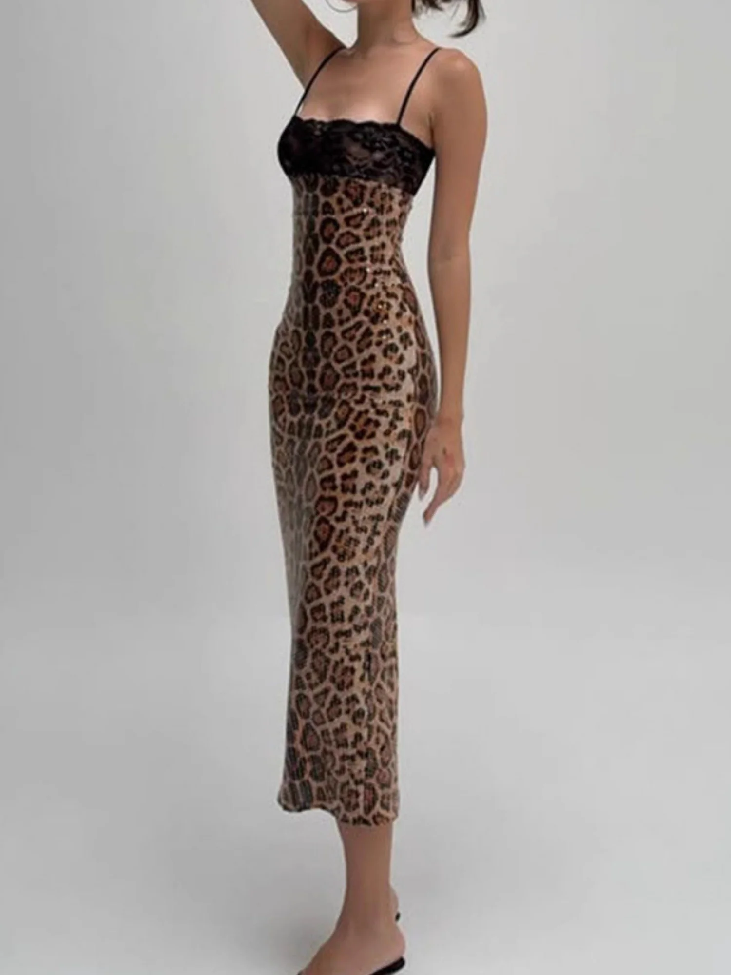 Leopard Print Sequins Lace Patchwork Slim Fit Spaghetti Strap Maxi Dresses - Image 3