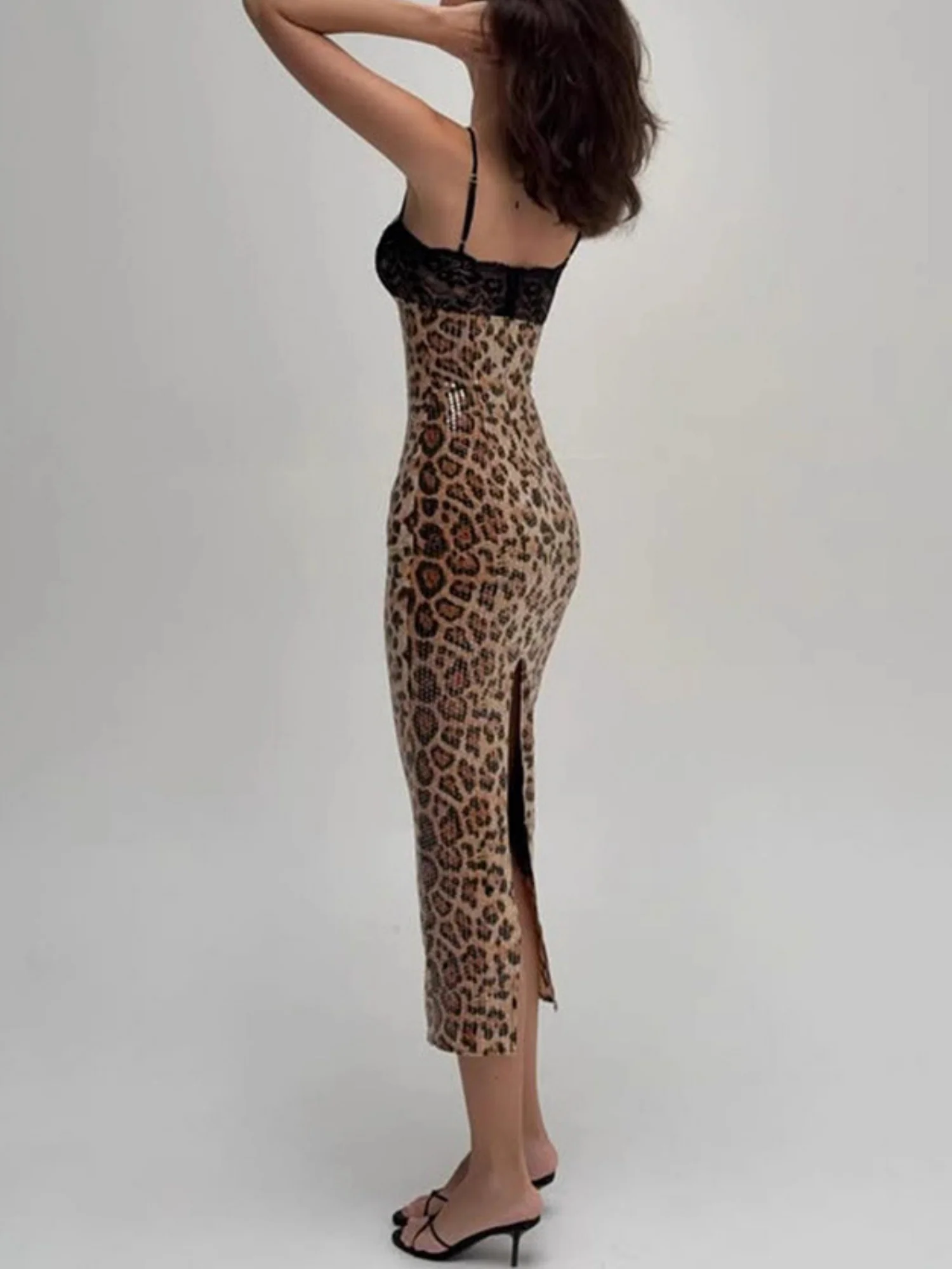 Leopard Print Sequins Lace Patchwork Slim Fit Spaghetti Strap Maxi Dresses - Image 4