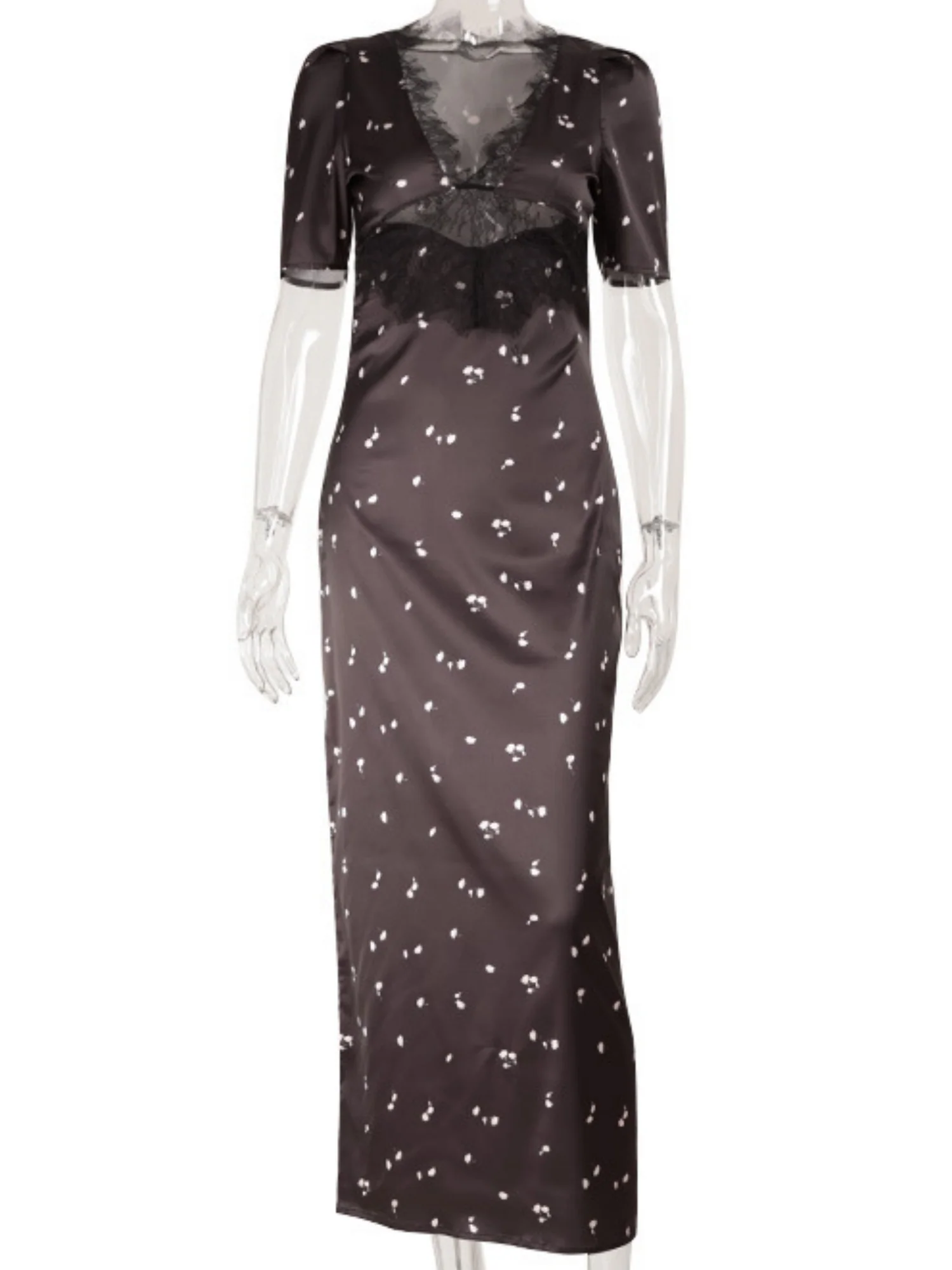 Polka Dots Satin Lace Patchwork V-neck Cutout Maxi Dresses - Image 4