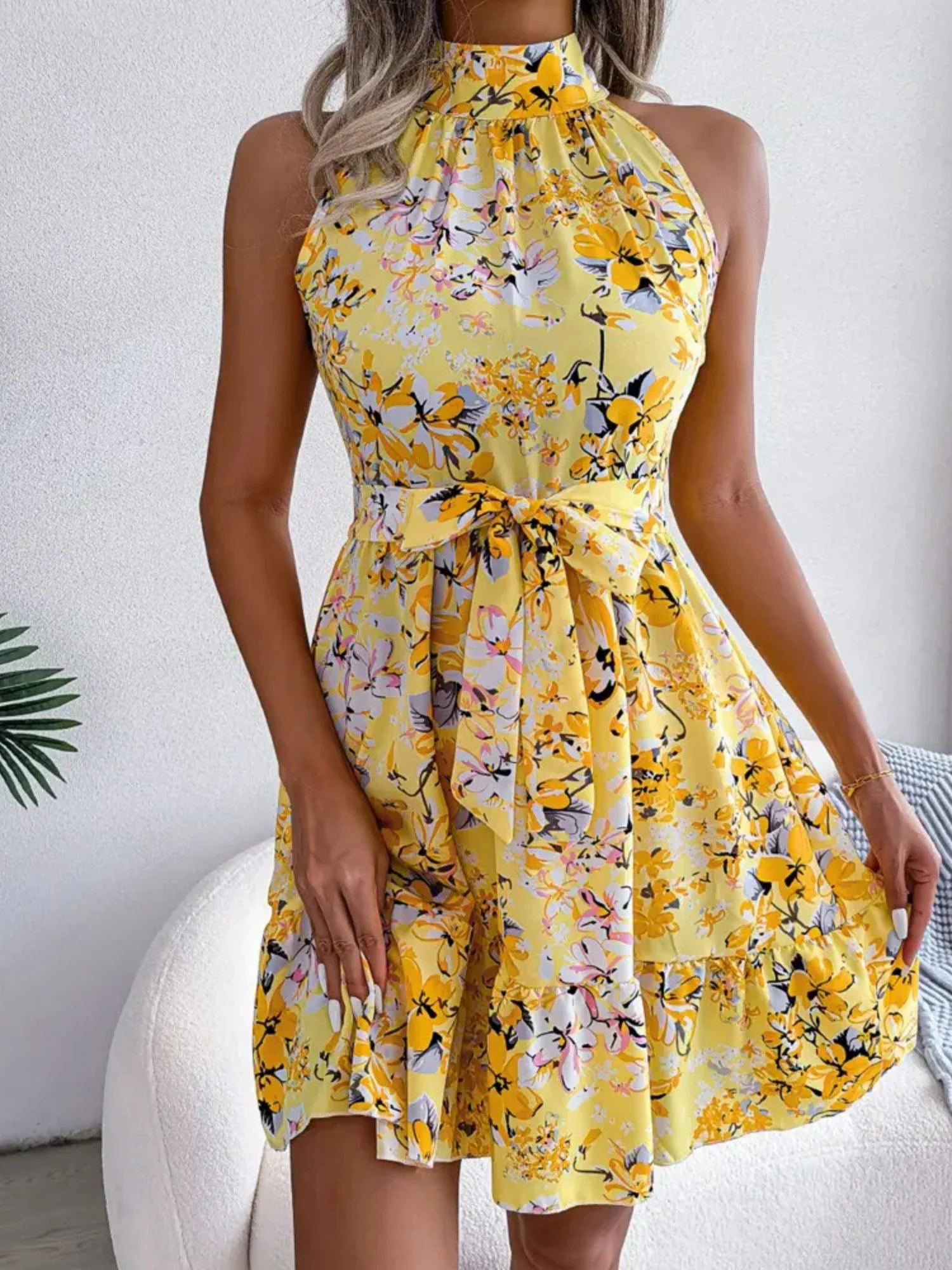 Printed Sleeveless Tie Mini Dress With A Full Skirt - Image 5