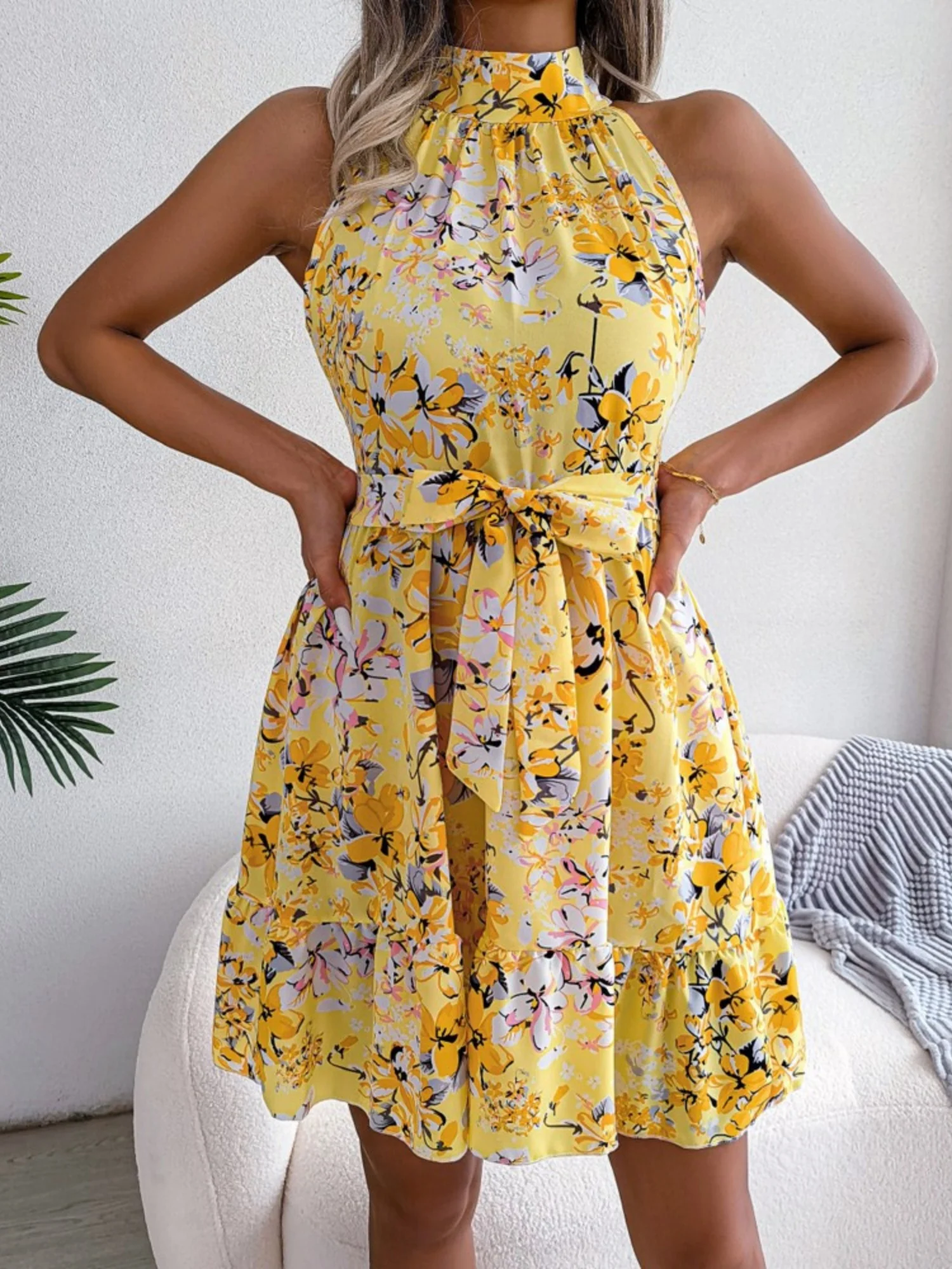 Printed Sleeveless Tie Mini Dress With A Full Skirt - Image 6