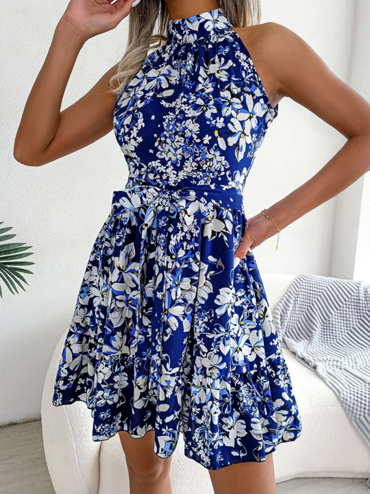 Printed Sleeveless Tie Mini Dress With A Full Skirt - Image 8