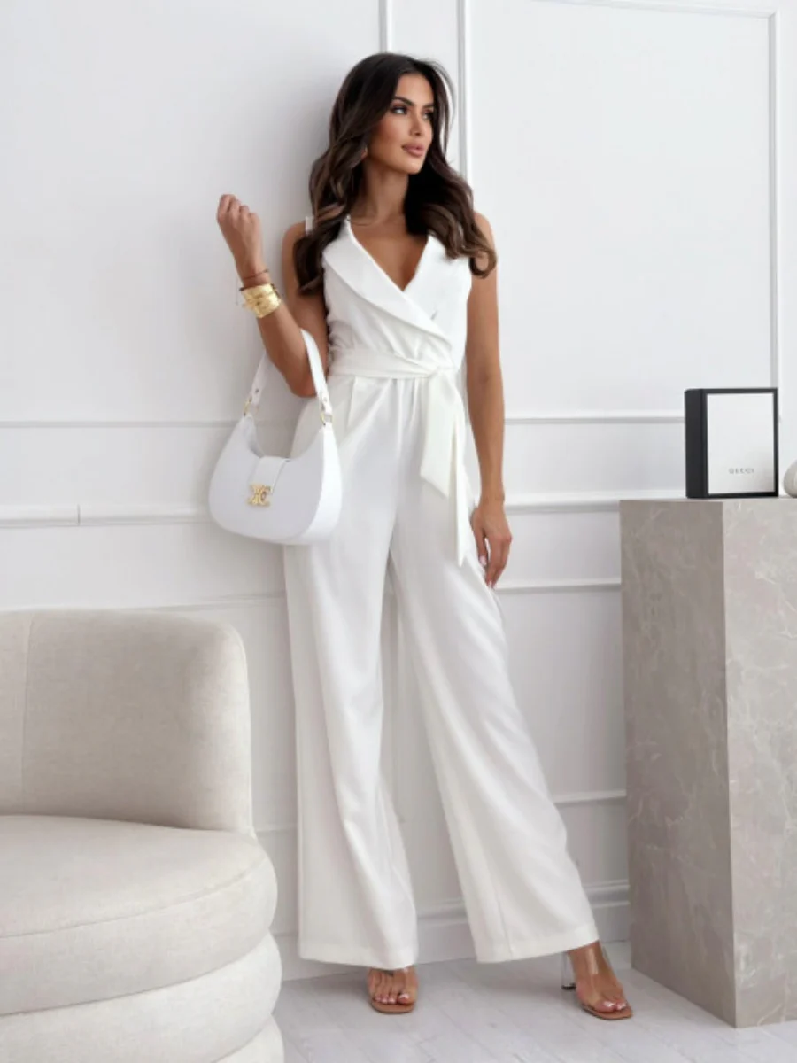 V-neck High-waisted Jumpsuit With A Fitted Waist And Tie - Image 13