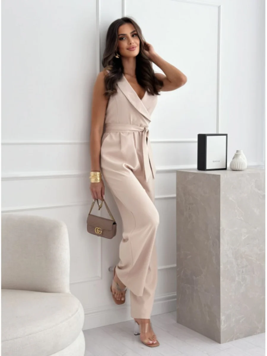 V-neck High-waisted Jumpsuit With A Fitted Waist And Tie - Image 4