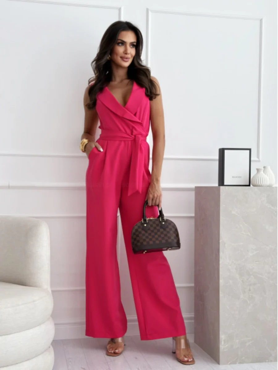 V-neck High-waisted Jumpsuit With A Fitted Waist And Tie - Image 5