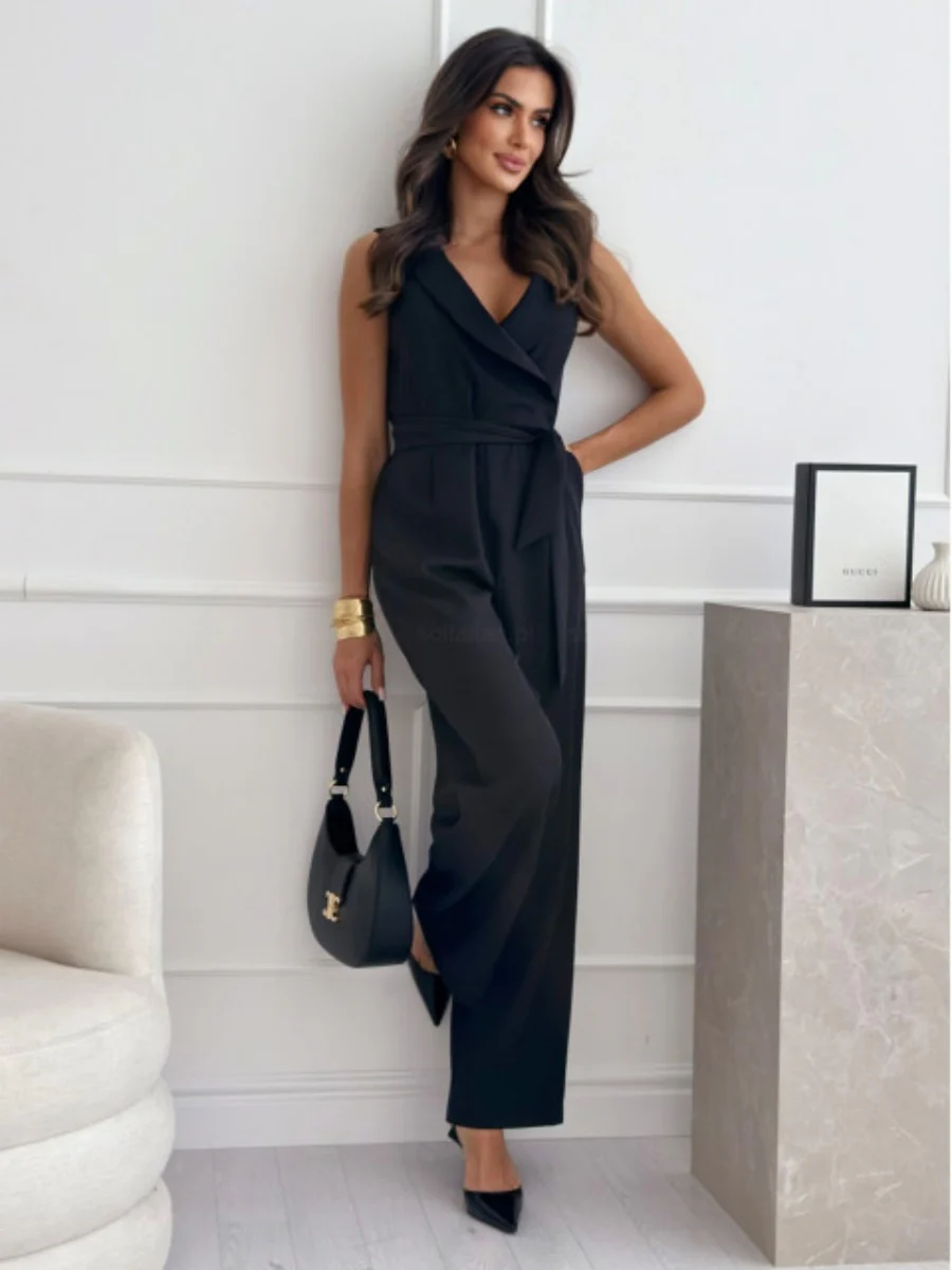 V-neck High-waisted Jumpsuit With A Fitted Waist And Tie - Image 9