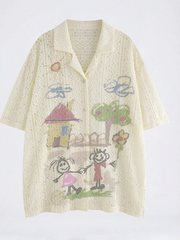 Hand-drawn Graffiti Printed Beach Vacation Lace Shirts - Image 4