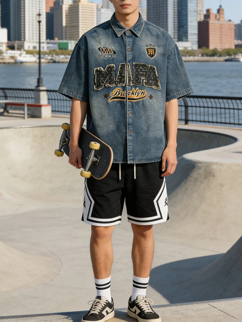 Distressed Edge Grinding Badge Denim Shirts - Image 5