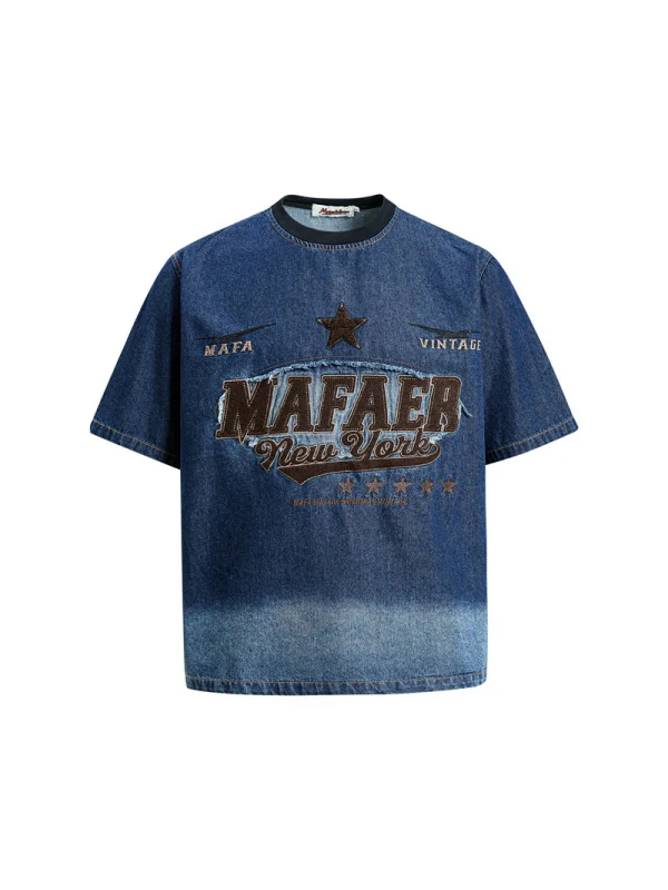 Star Embroidery Gradient Denim T-shirts - Image 2