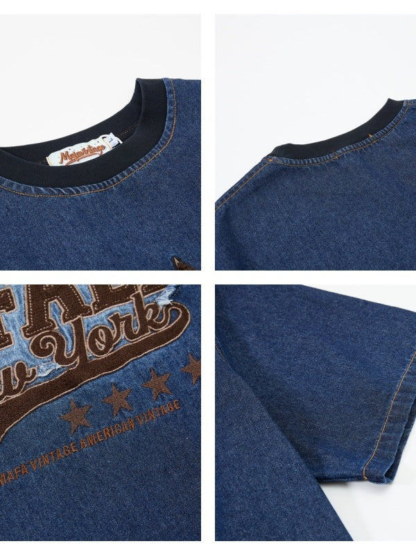 Star Embroidery Gradient Denim T-shirts - Image 4